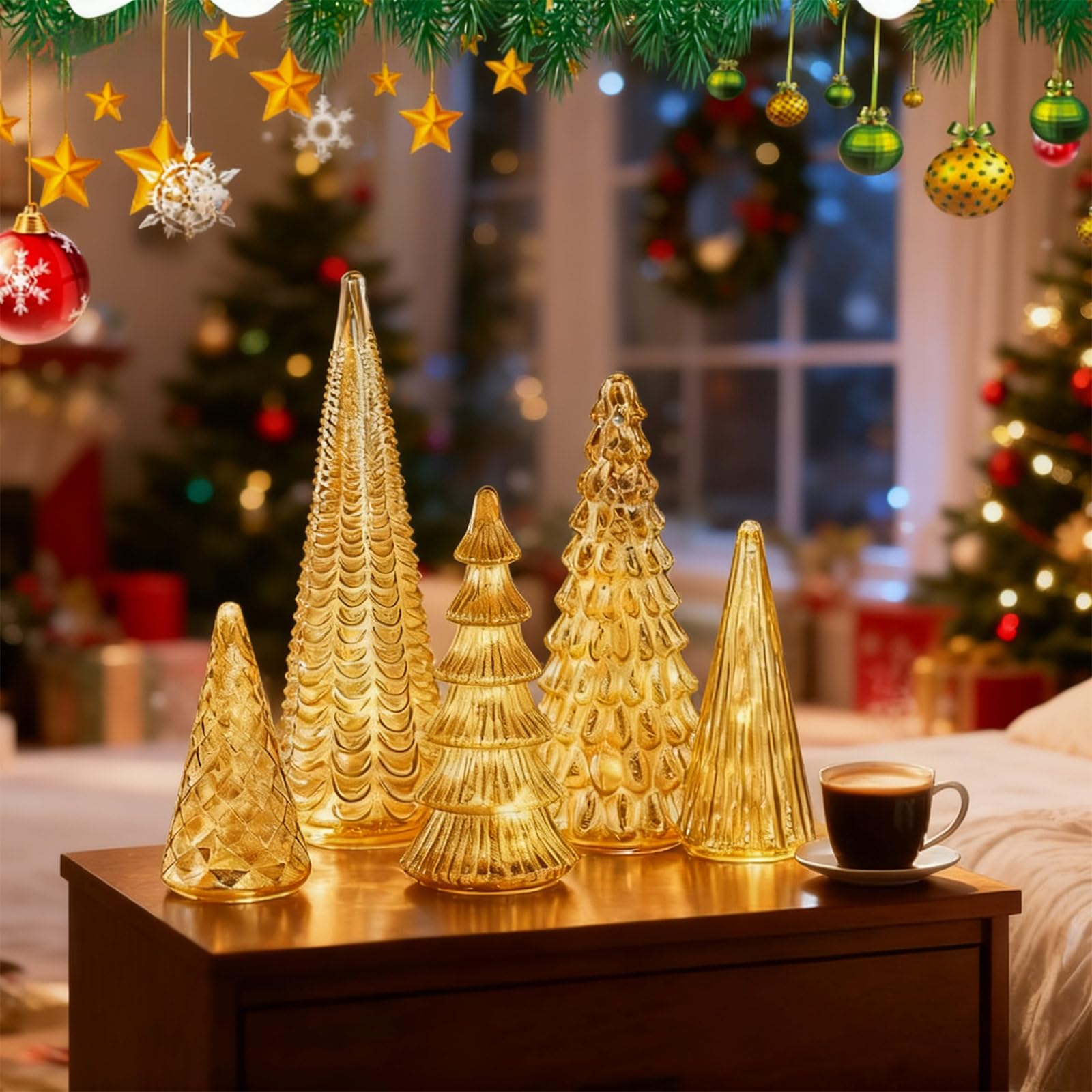 Ysinobear 5Pcs Set Of 5 Illuminated Mercury Glass Christmas Tree,Mercury Glass Christmas Tree,Christmas Lighted Tree Figurine Decor,Upgrade Tree For Xmas Home Party Centerpiece Tabletop Decorations (5Pcs)