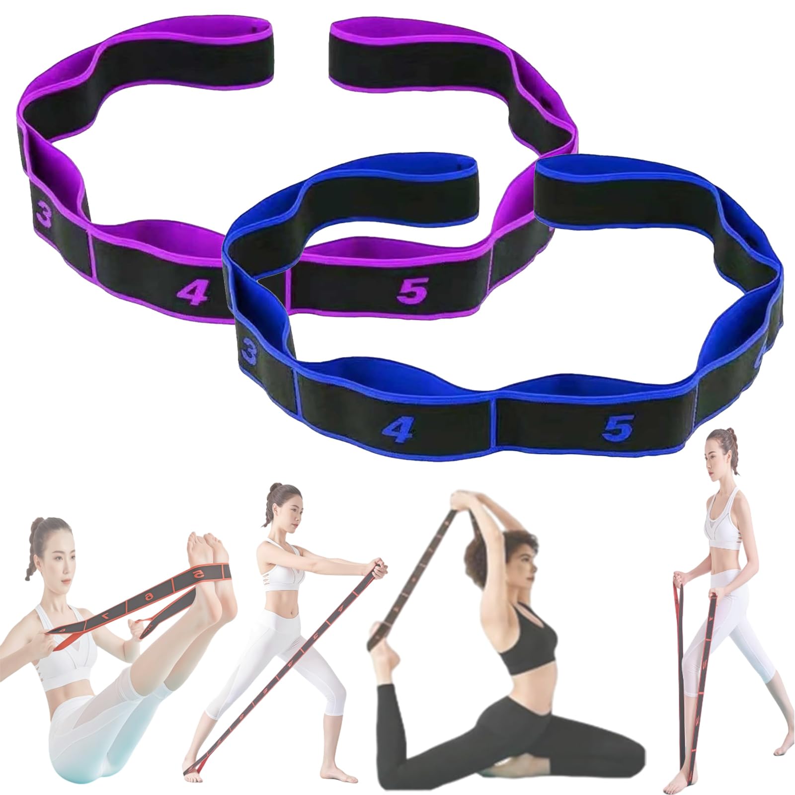 Fitness Widerstandsband für Stretching und Yoga, 8 Schlaufen Gummiband für Flexibilität und Krafttraining, ideal für Pilates und Ganzkörpertraining