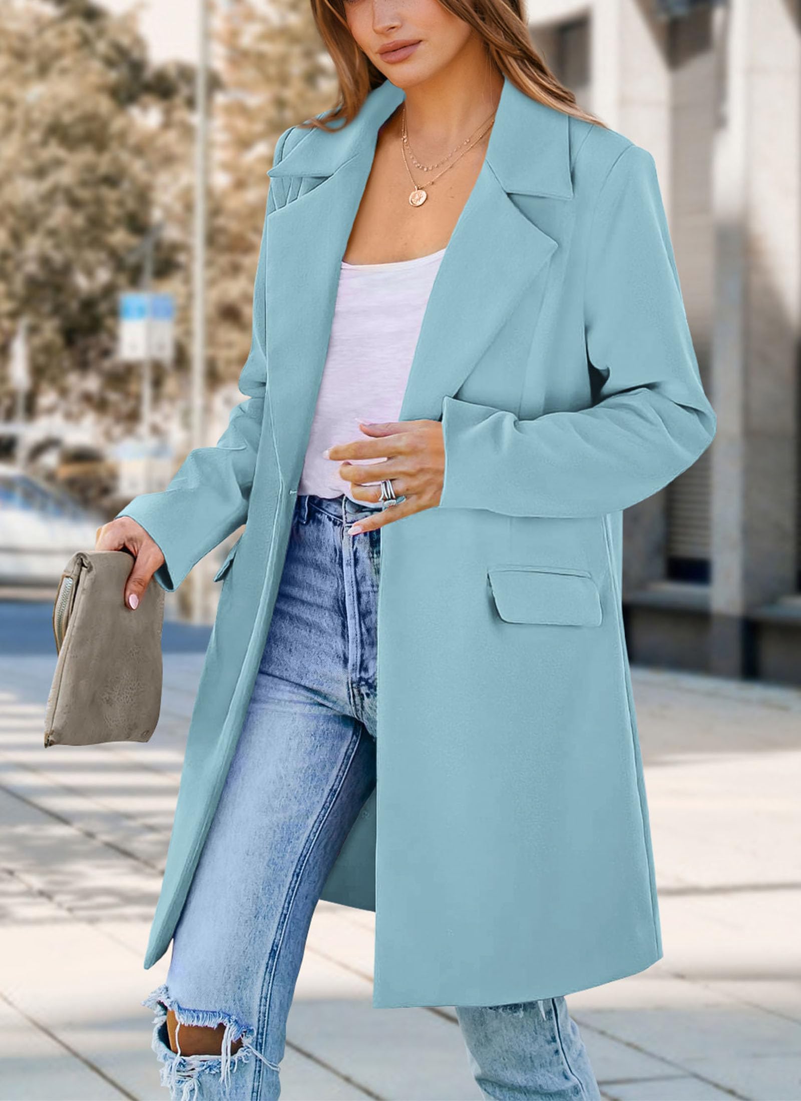 PRETTYGARDEN Women's Business Casual Long Blazer Jackets(Sky Blue,S) view 8