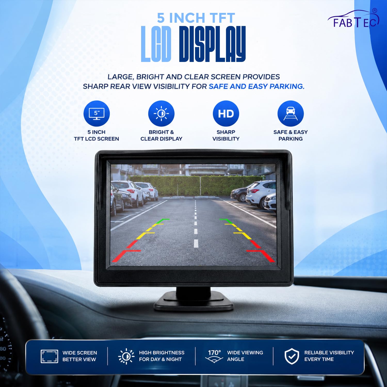 FABTEC 5 Inch TFT LCD Car Rear View Monitor Screen with 8 LED Night Vision Parking Camera Combo | Universal Reverse Parking Camera System for Car, SUV & Hatchback | HD Backup Camera Kit
