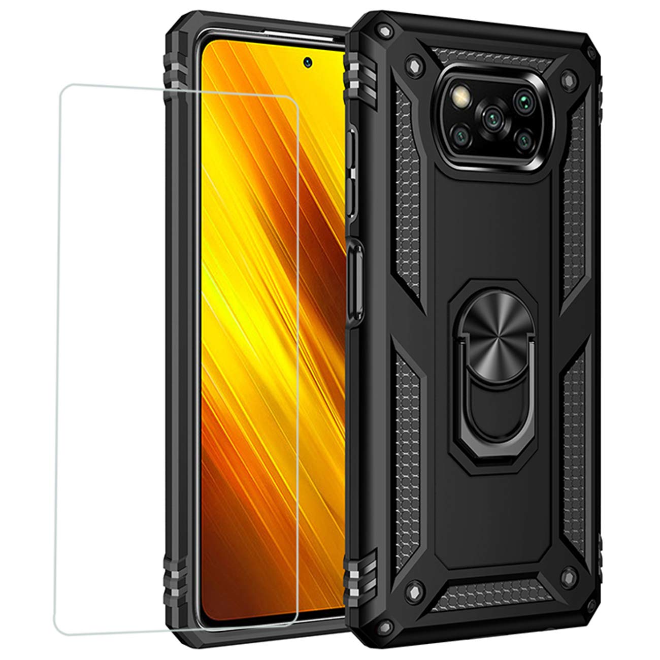 Joytag compatibles para Funda Xiaomi Redmi 9，Carcasa +Cristal Templado Silicona TPU 360 Grados Anillo Giratorio magnético Soporte Caja del teléfono del Coche-Negro — view 29