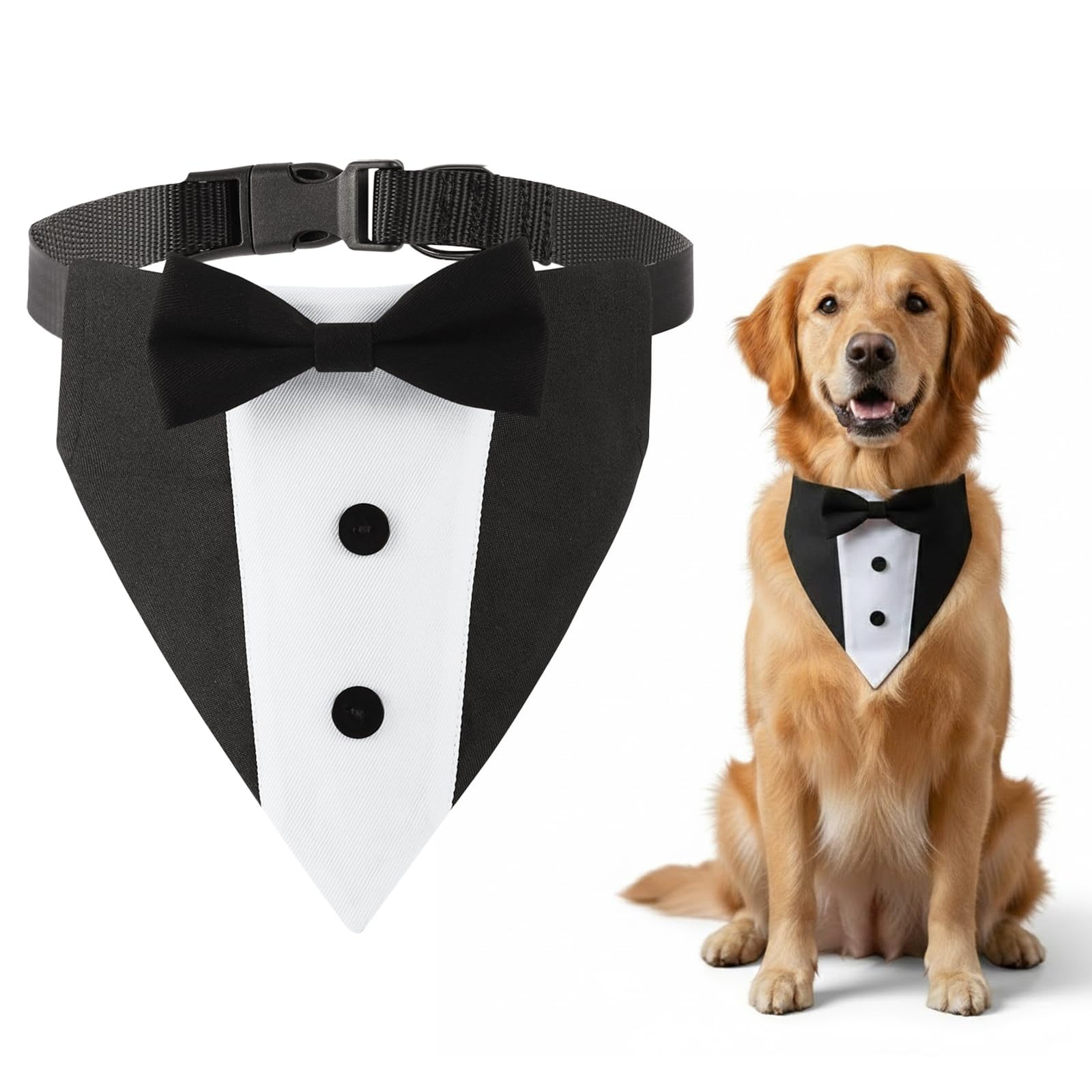 Adjustable Dog Tuxedo Bandana Collar with Bow Tie, Dogs Wedding Tuxedo Suit Bandana Wedding Collar for Birthday Party Small Medium Dogs Pets (42-53cm)