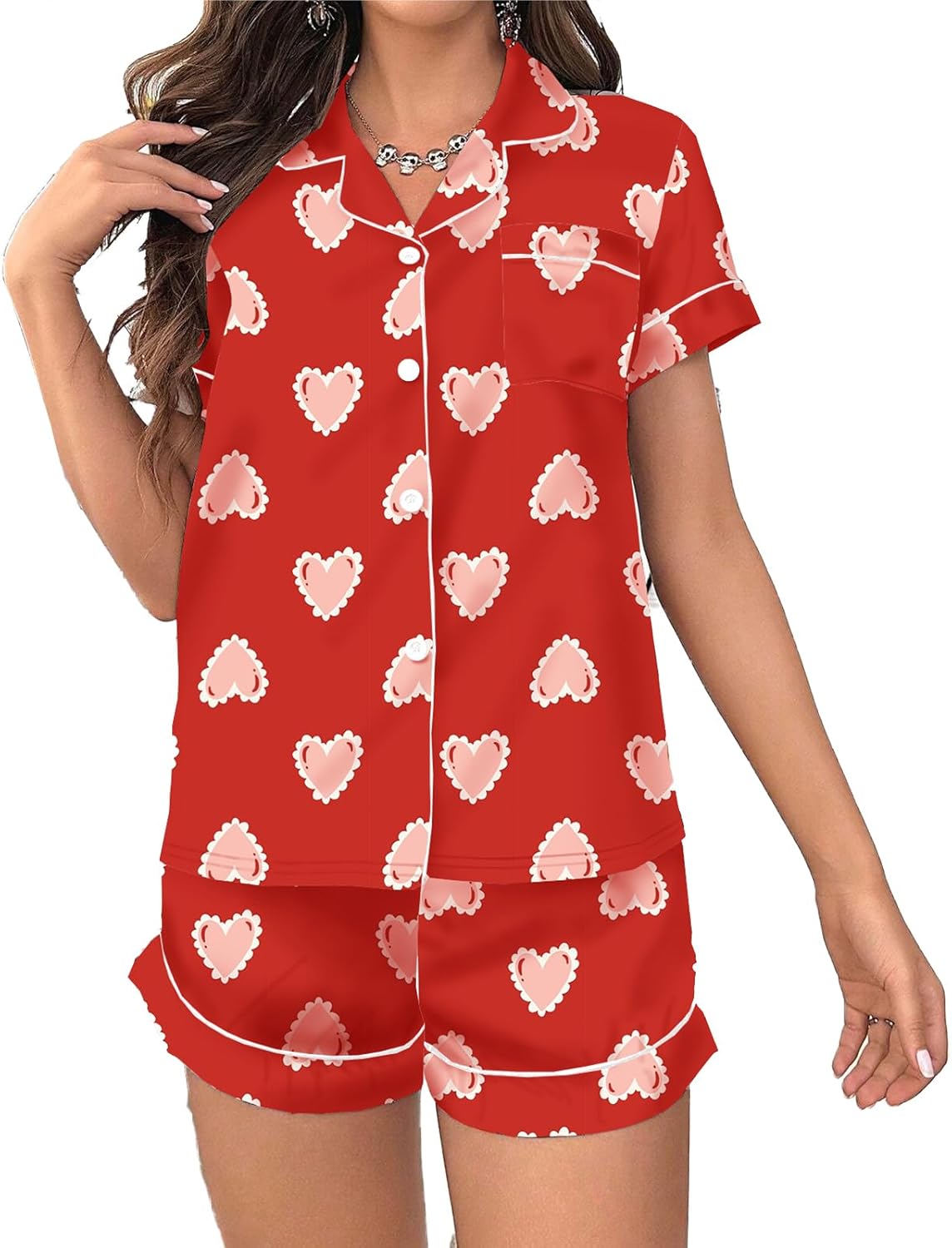ICNGLKSND Women Satin Heart Short Pajama Set 2PCS Lounge Lingerie with Chest Pocket Button Up Nightshirt Baggy Bottom Shorts