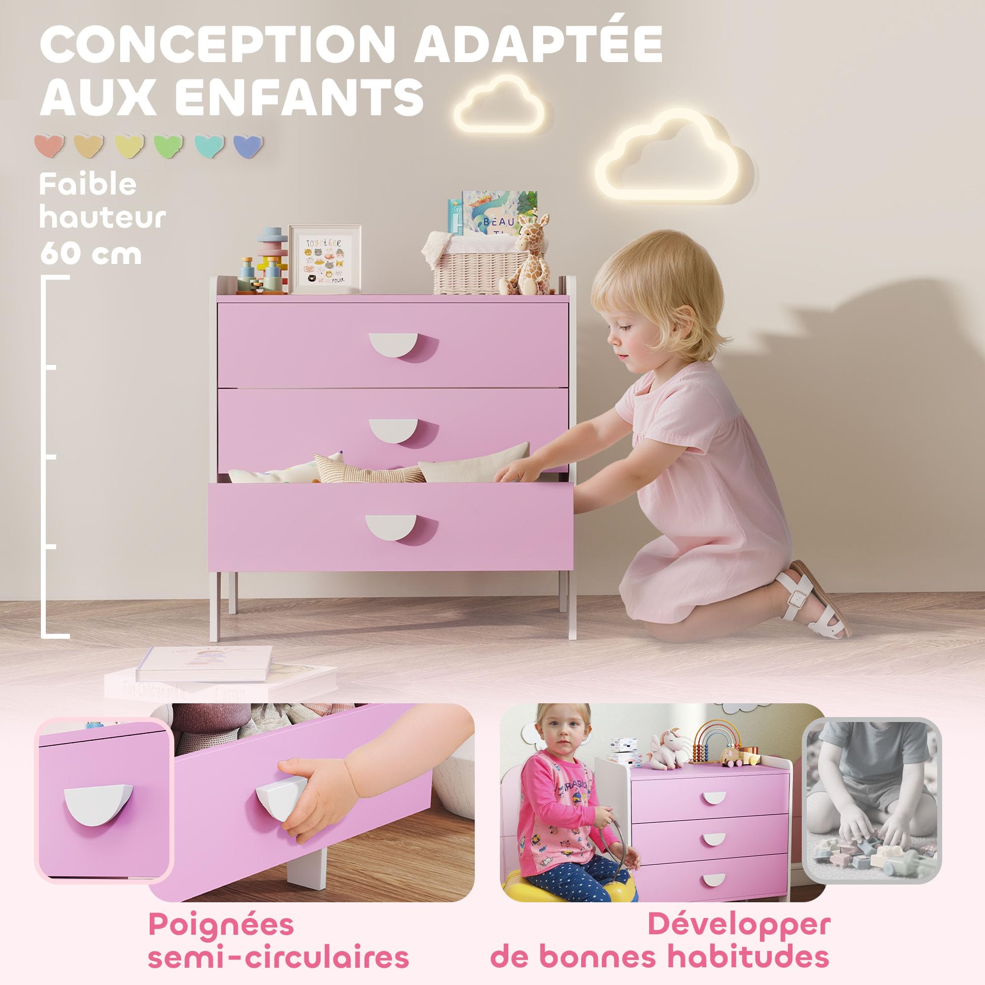 AIYAPLAY Kinderkommode, Aufbewahrungskommode mit 3 Schubladen, Aufbewahrungsmöbel Kinderzimmer, Kinderkrippe, Spielzimmer, 60 x 40 x 60 cm, rosa