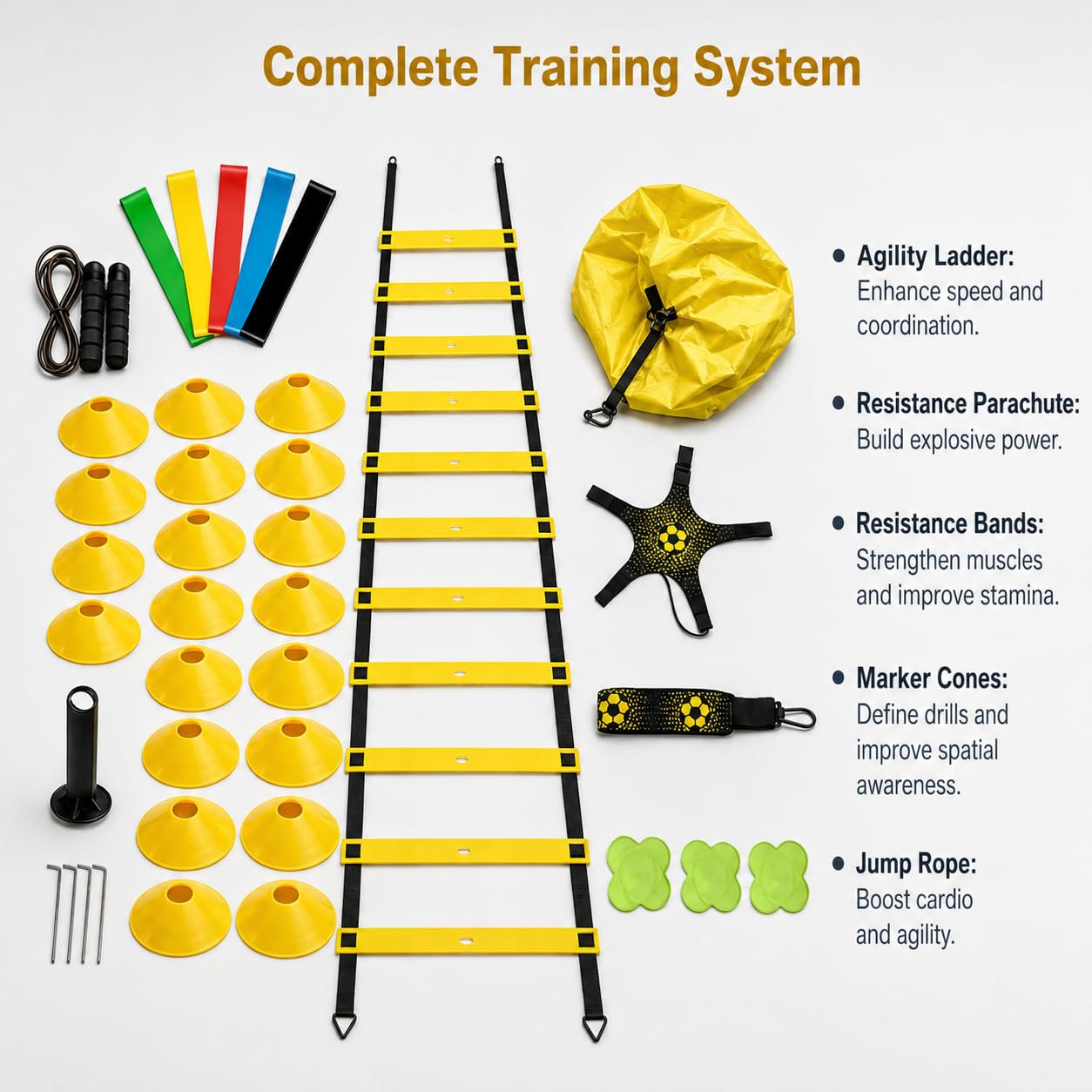 Set Completo Agilità Calcio, Attrezzatura Allenamento Velocità con Cinesini, Coni, Paracadute e Borsa Trasporto