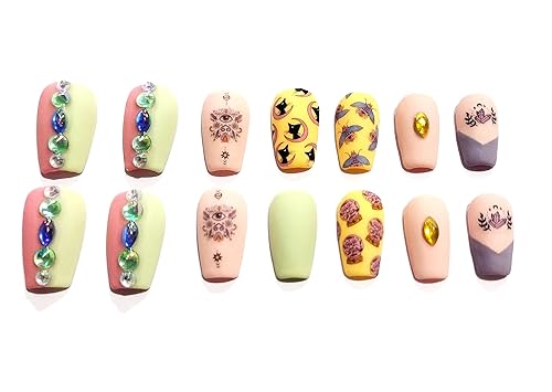 Handmade Witchy Black Cat and Gypsy Press on Nails with Rhinestones - Yellow, Green, Pink, Purple UV Gel Polish - Matte - Short Coffin - Size