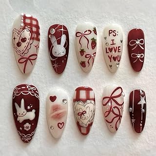 BABALAL Red Press on Nails Medium Almond Fake Nails Cute Rabbite Bow Acrylic Glue on with Design 24Pcs False Nails Full Cover DIY Artificial Manicure for Women Girls Christmas
