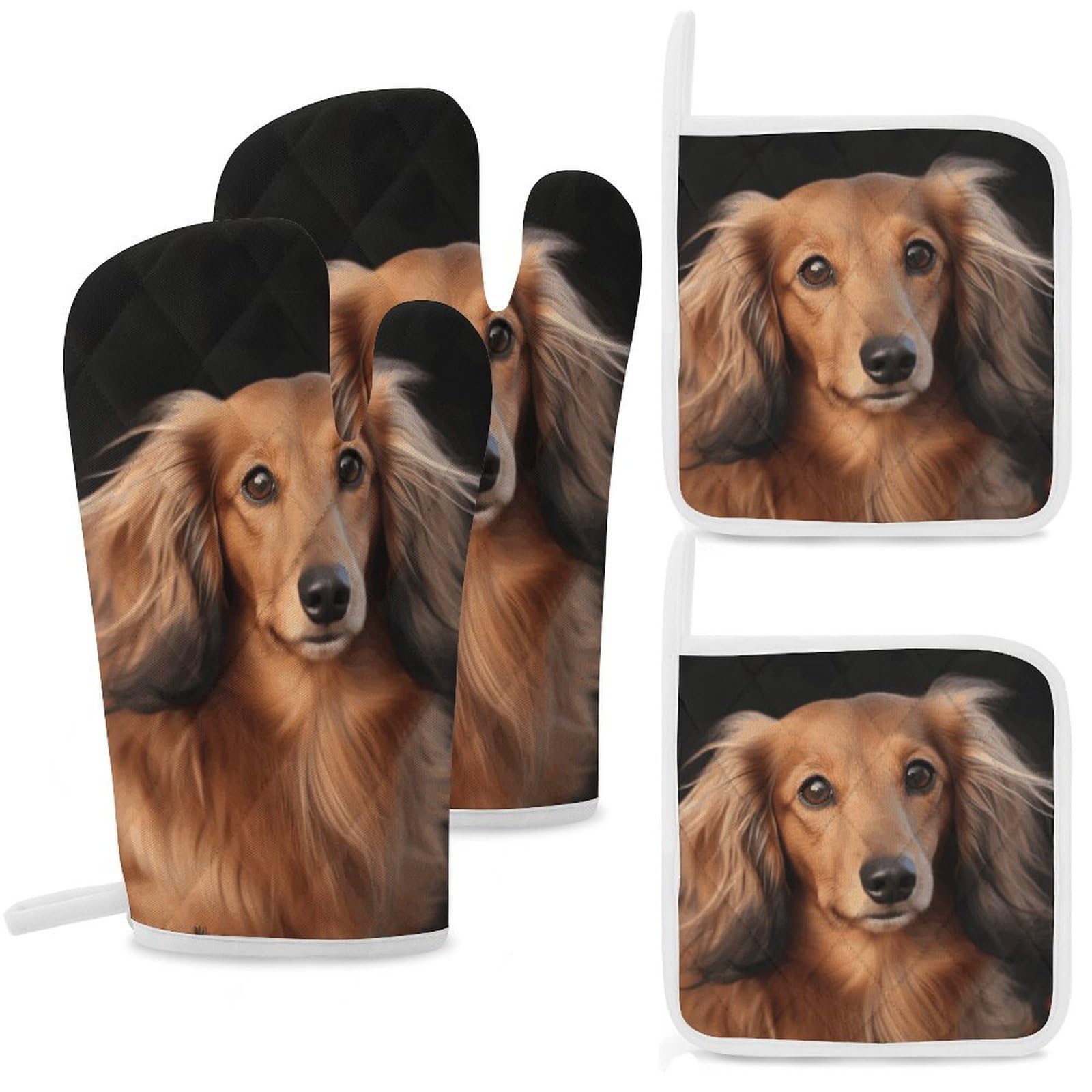 Long Haired Dachshund Oven Mitts and Pot Holders Sets Heat Resistant Oven Glove with Hanging Loop for Baking Cooking BBQ Thicken Potholders for Kitchen