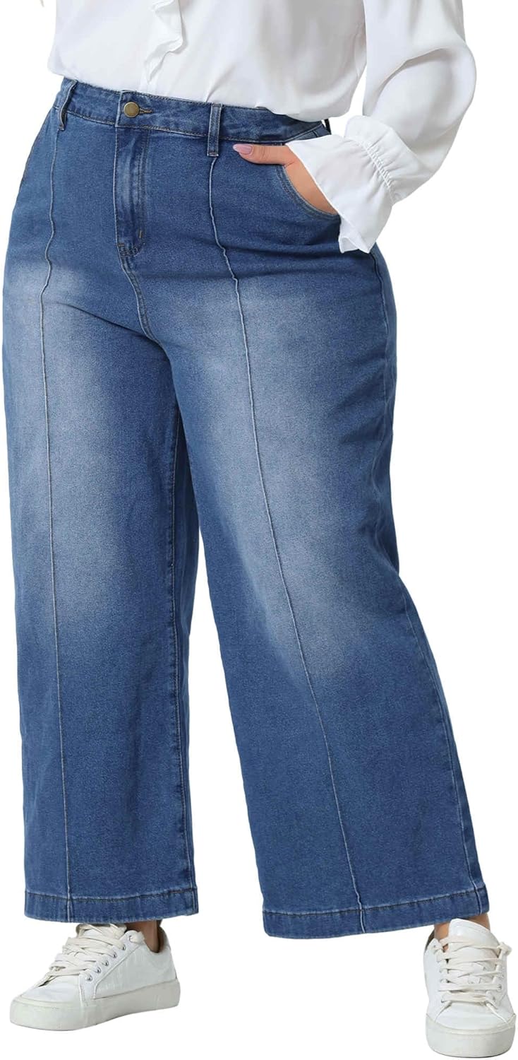 Agnes Orinda Plus Size Jeans for Women Wide Leg Baggy Washed Stretch with Pockets Denim Ankle Pants - Image 2