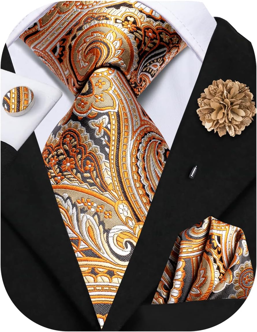 Hi-Tie Men's Tie And Lapel Pin Set Jacquard Silk Necktie Pocket Square Cufflinks For Wedding Party Prom Formal Business, Gold Paisley, Medium