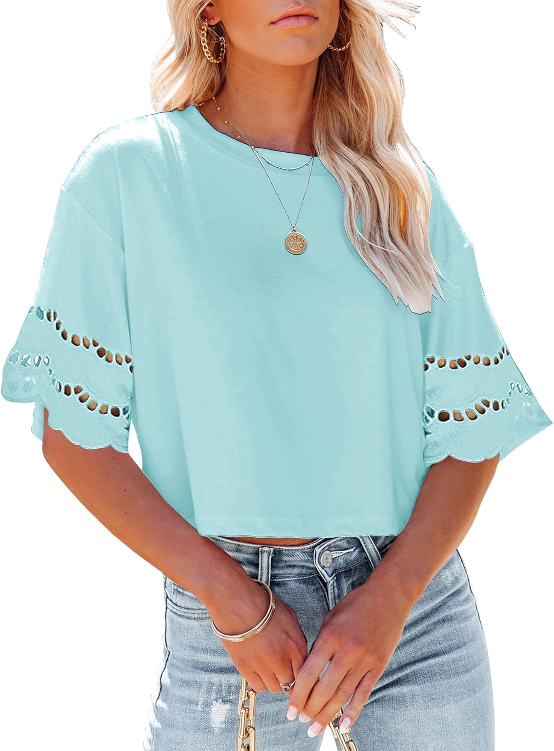 Top in pizzo a maniche corte da donna che esce collo alto Y2K t-shirt