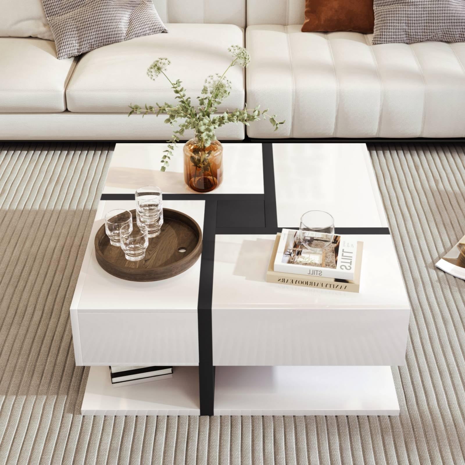 KOMHTOM Table basse carrée blanche moderne. Table d'appoint avec quatre tiroirs et compartiment de rangement ouvert, table basse pour salon chambre à coucher (Blanc+Noir)