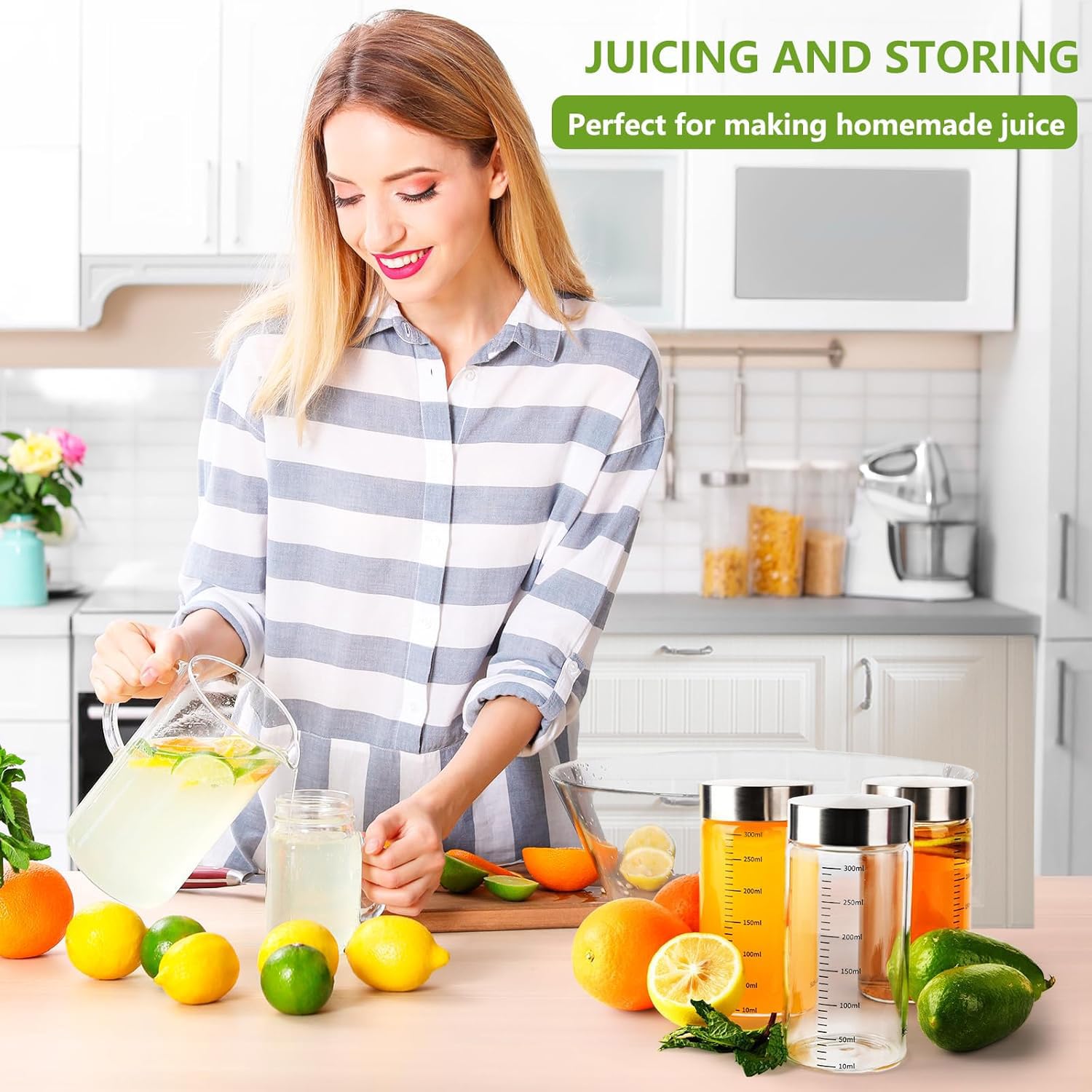 YBCPACK 4 botellas de cristal para rellenar 300 ml con tapa de acero inoxidable, vasos para batidos con escala, botellas de zumo reutilizables para rellenar zumos, leche, café helado, apto para