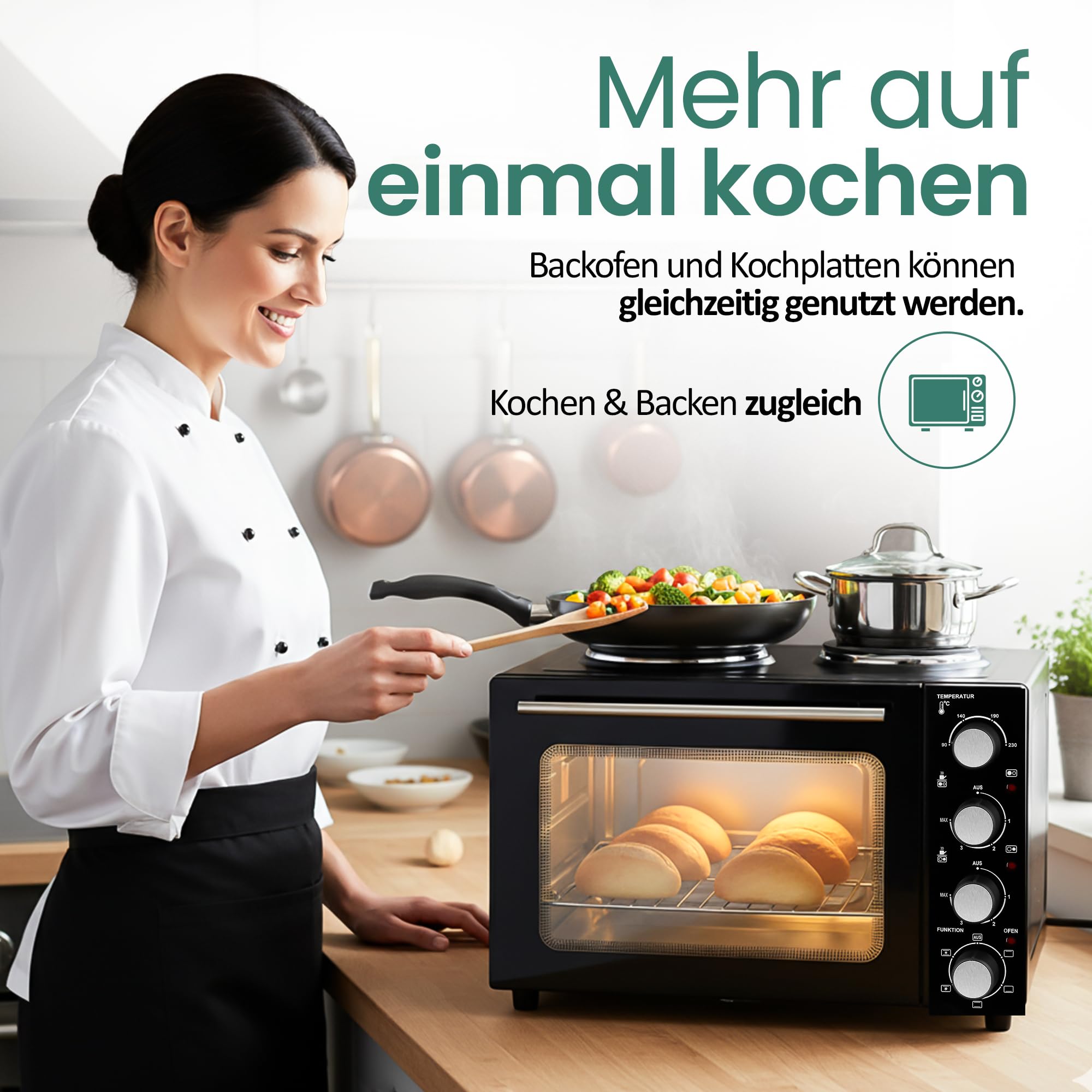 EMERIO Backofen mit 32 Litern + 2 Herdplatten | Umluft + Ober-/Unterhitze | Timer + Temperaturregler | inkl. Backblech & Grillrost | kompakter Tischofen für Pizza, Brötchen, Aufläufe | MO-125236.4