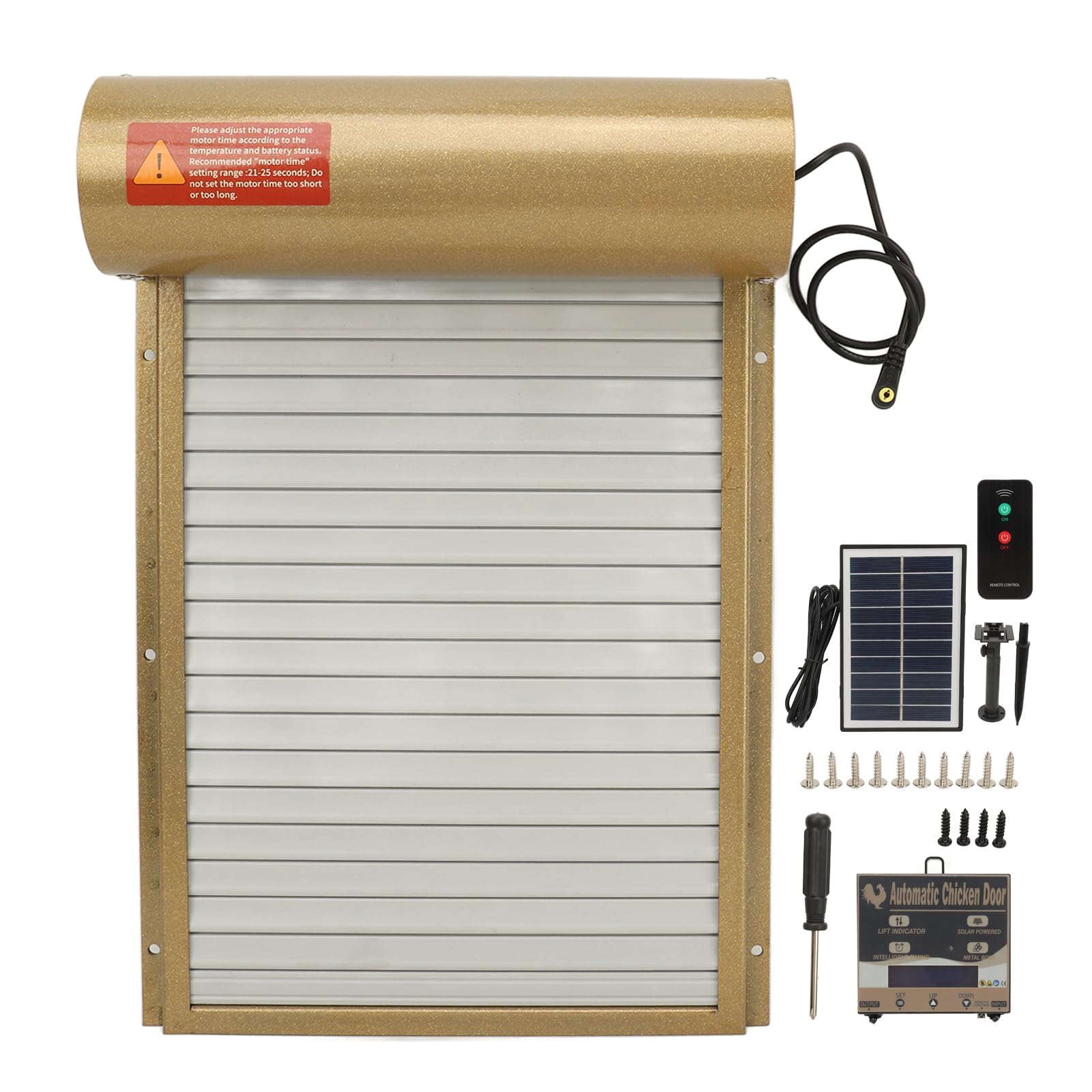 Apriporta Automatico per Pollaio con Sensore di Luce, Timer, Telecomando, Schermo a LED, Porta Automatica per Pollaio Ad Energia Solare, per Fattoria Domestica(d'oro)