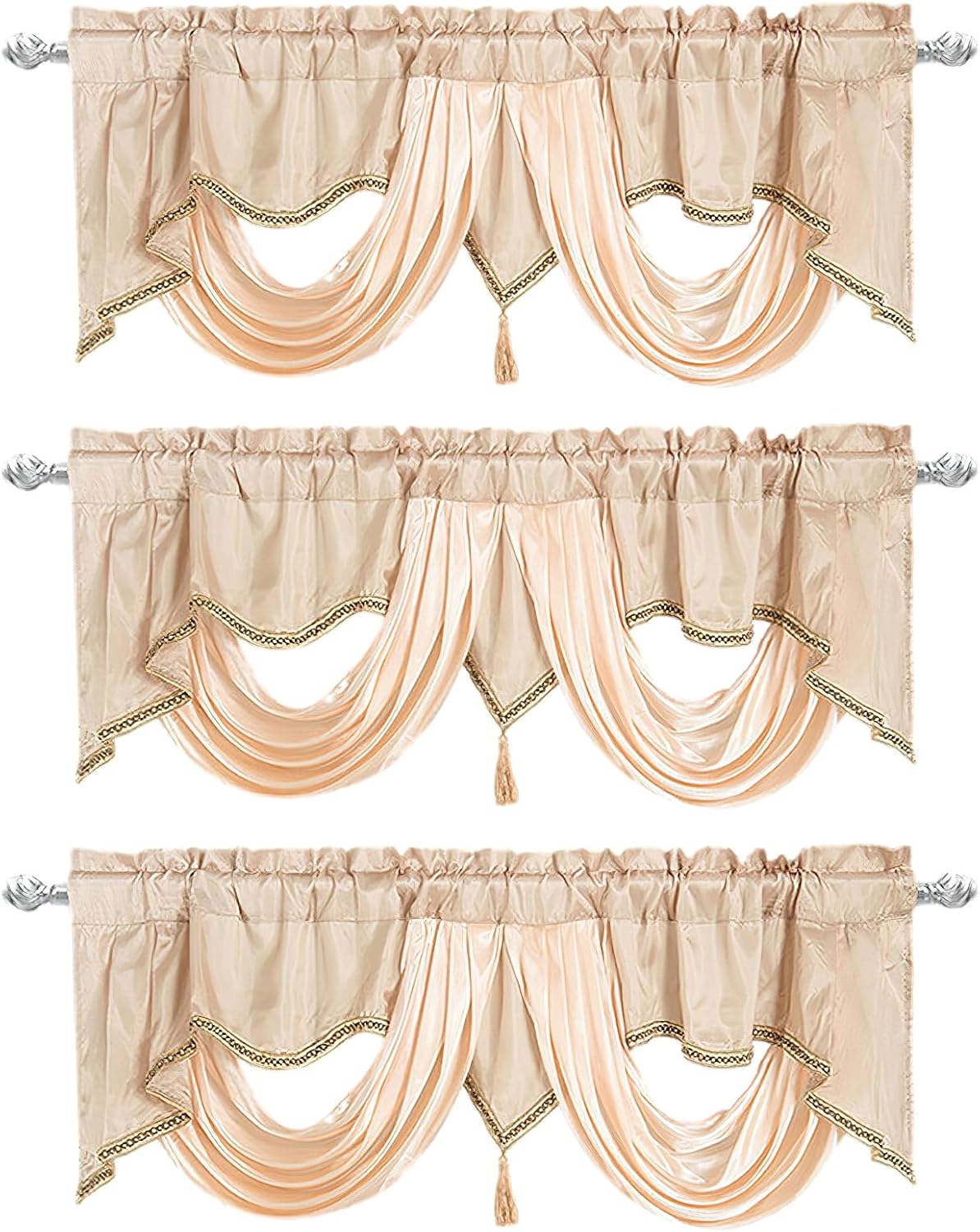 Beige Valance for Windows 3PCS Short Curtains Swag Tassel Decorative Waterfall Drapes Vintage Window Treatment Topper for Living Room Kitchen Cafe 55x18 Inch