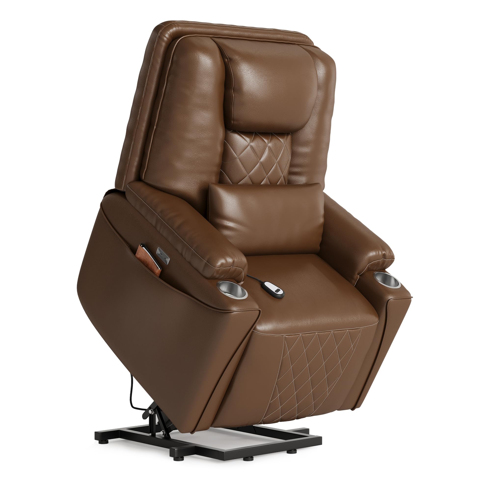 Power Lift Recliner Chair, Electric Reclining Chair with Remote, 3 Position Lift Assist for Elderly, USB Charging Ports, Cup Holders, Storage Pockets, PU Leather Sofa for Living Room or Bedroom, Brown
