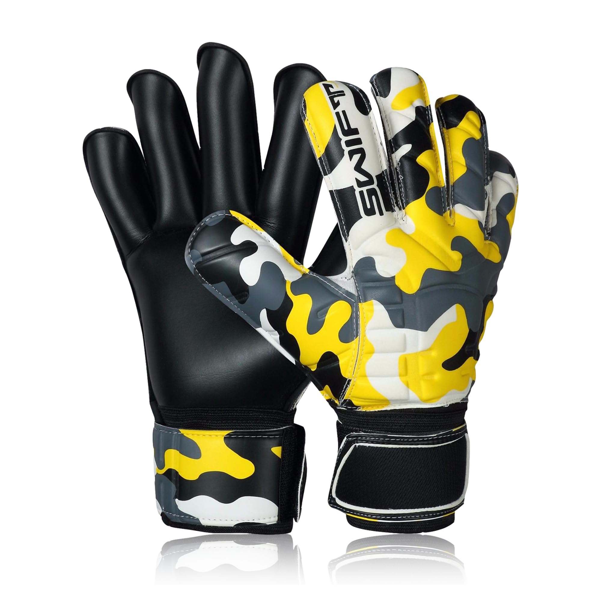 Swift Wear Goalkeeper Gloves Premium Grip, Goalkeeper Gloves Kids, Youth & Adult, Football gloves with Finger Support, goalie gloves, Goalkeeping gloves Size 4/5/6/7/8/9/10 (Yellow Black Camo, 7)