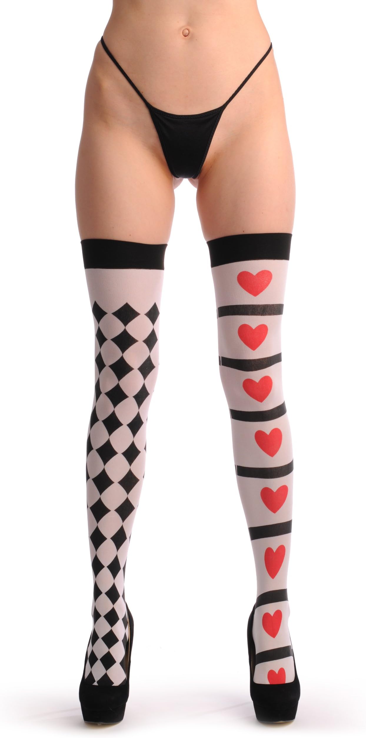 One Black & White Checkered And One With Red Hearts - White Printed Designer Hold Ups