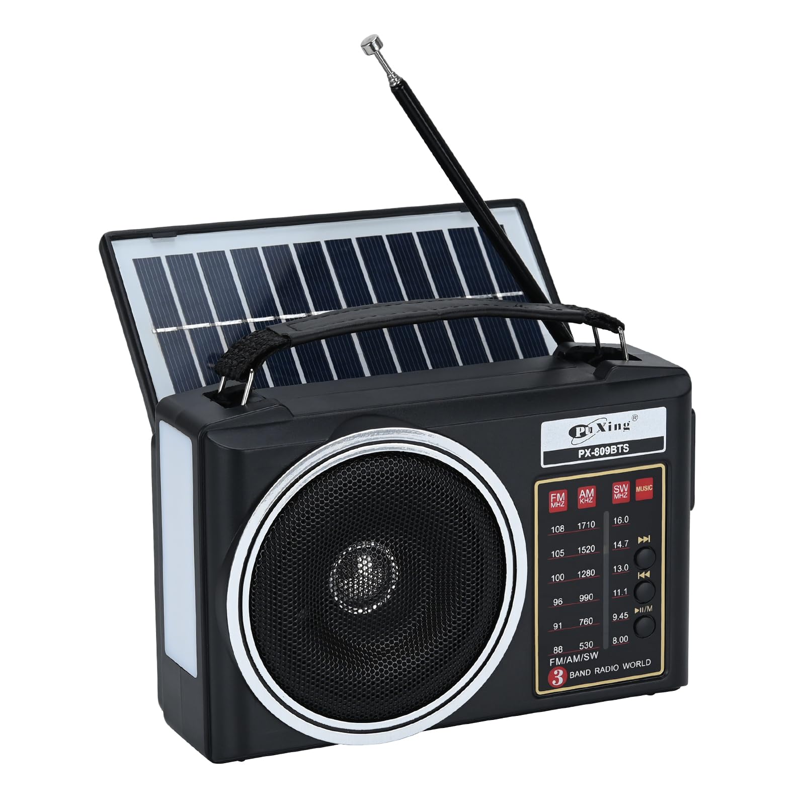 Radio rétro Portable, Radio Bluetooth AM/FM/SW compacte avec Panneau Solaire, éclairage LED Portable, Batterie Rechargeable, Support pour Carte TF/USB-MP3 Player (Noir)