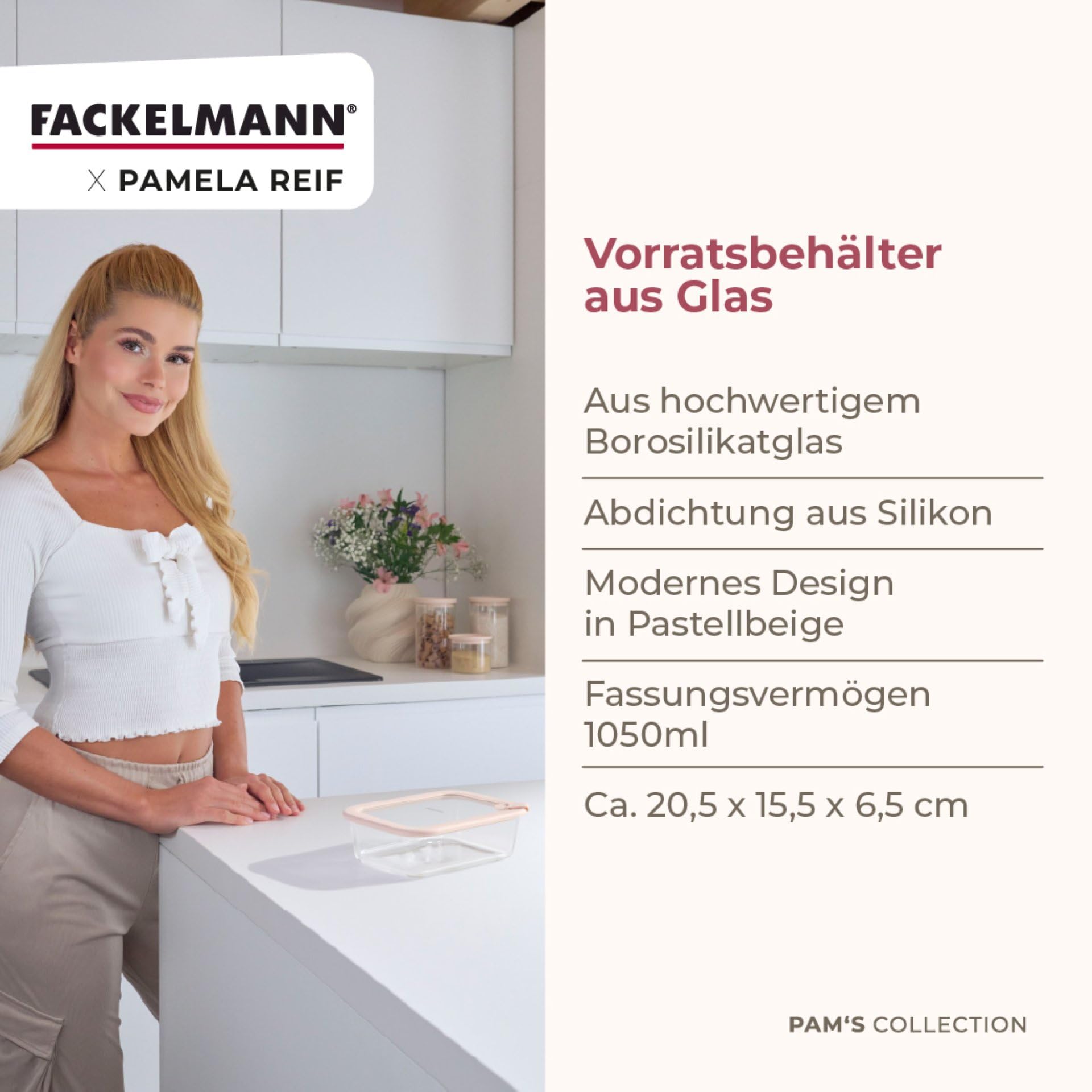 FACKELMANN x Pamela Reif Vorratsdosen aus Glas – 6 Stück, 1050 ml, mikrowellen- und backofengeeignet, mit Lüftungsventil, pastellbeige