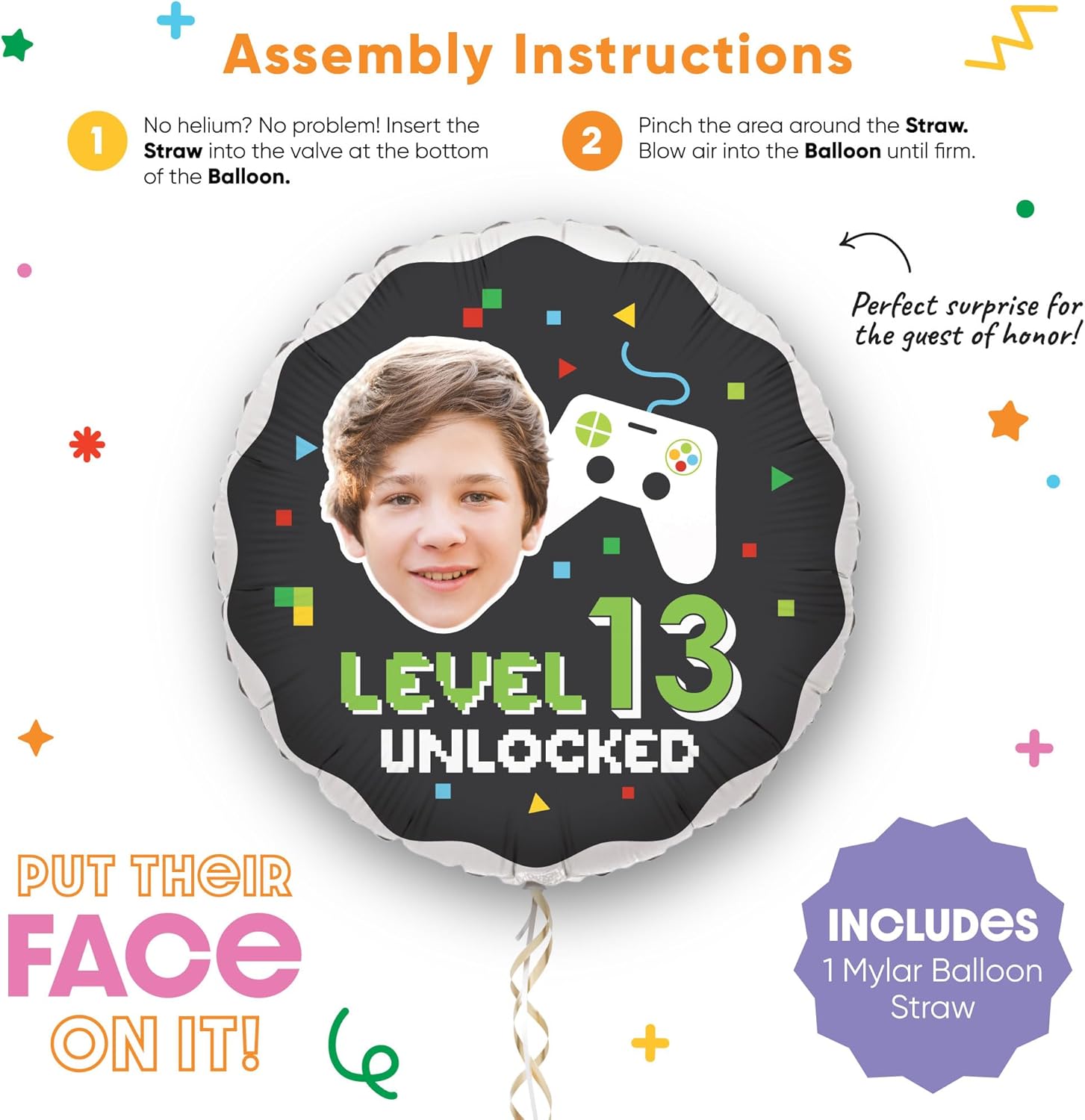 Big Dot of Happiness Personalized Video Game Fun Face Photo Balloon, Pixel Game Zone Birthday Party Decoration, Custom Age Double-Sided Circle Mylar, 1 Piece