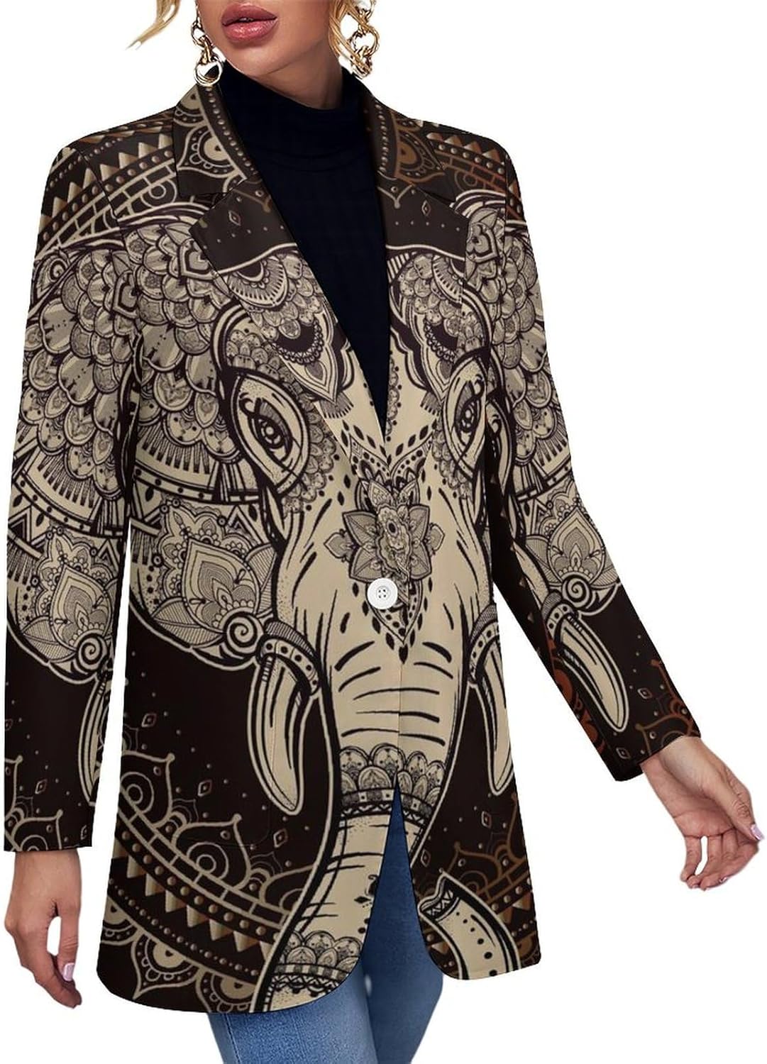 Oriental Elephant Mandala Circle Casual Blazers for Women Long Sleeve Button Suit Jacket Lightweight Business Coat