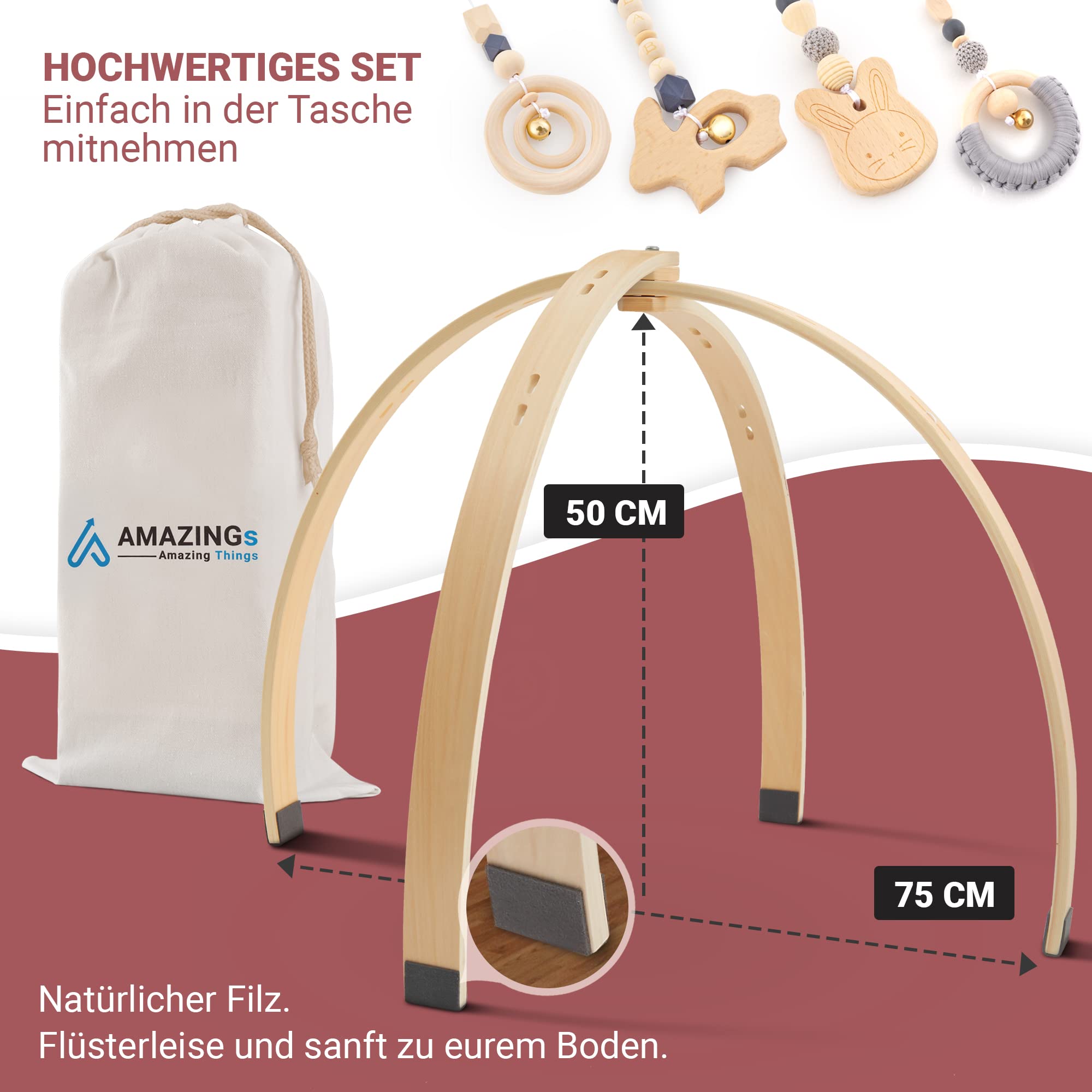 AMAZINGs Spielbogen Baby aus Holz | Nachhaltiger Spielebogen mit Tasche und Baby Spielzeug, Montessori Konzept | Spieltrapez, Activity Center