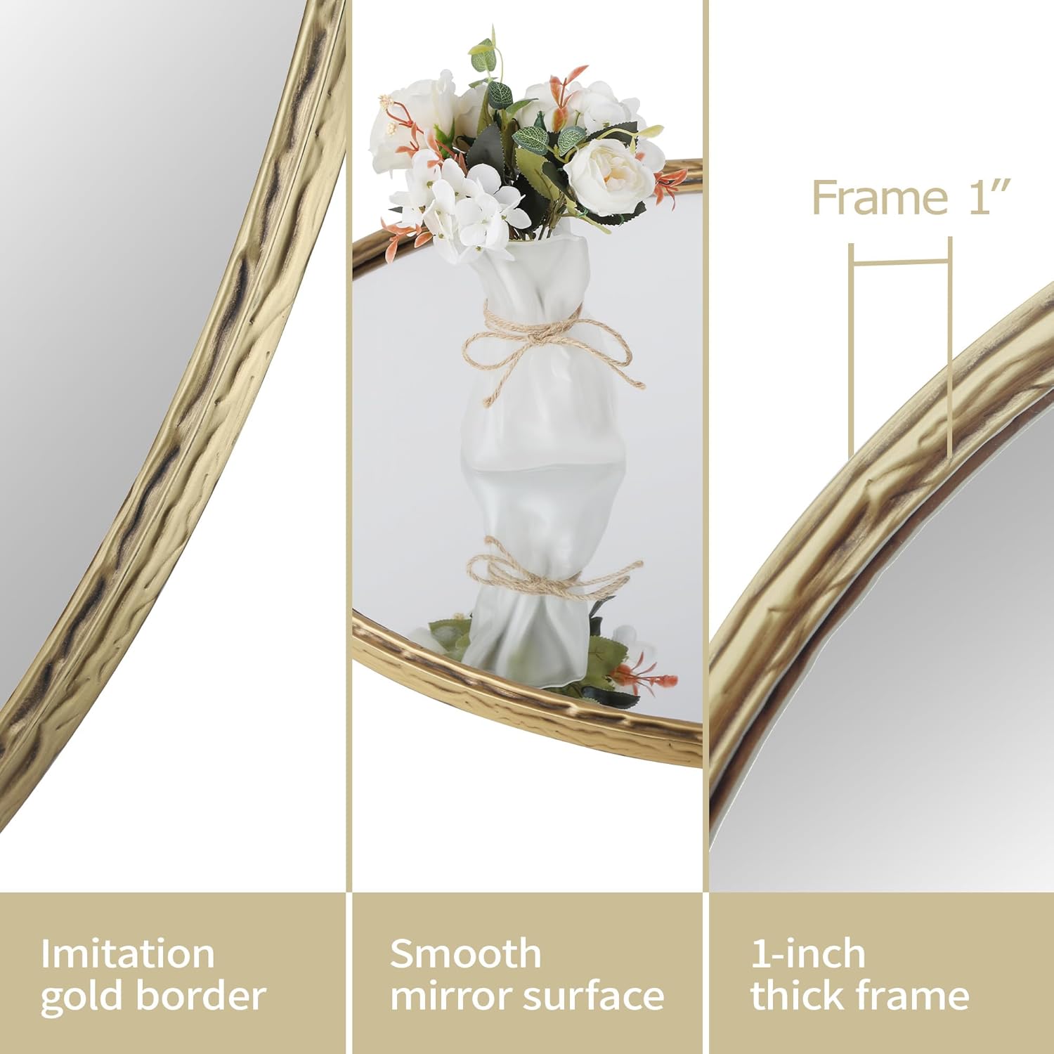 24 Inch Round Wall Mirror with Antique Gold Wave Inspired Metal Frame, Decorative Bathroom Vanity Accent Mirror, Vintage Circular Gold Wall Piece for Bathroom, Entryway and Living Room