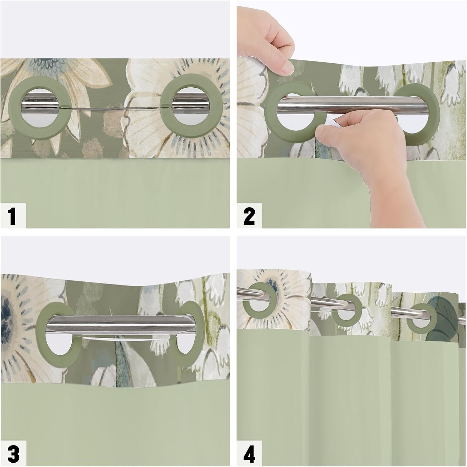 MitoVilla No Hooks Needed Boho Spring Floral Shower Curtain Set with Snap-in Liner, Green Modern Heavy Duty Fabric Cloth Shower Curtain for Neutral Luxury Hotel Spa Bathroom Decor, 72 x 74