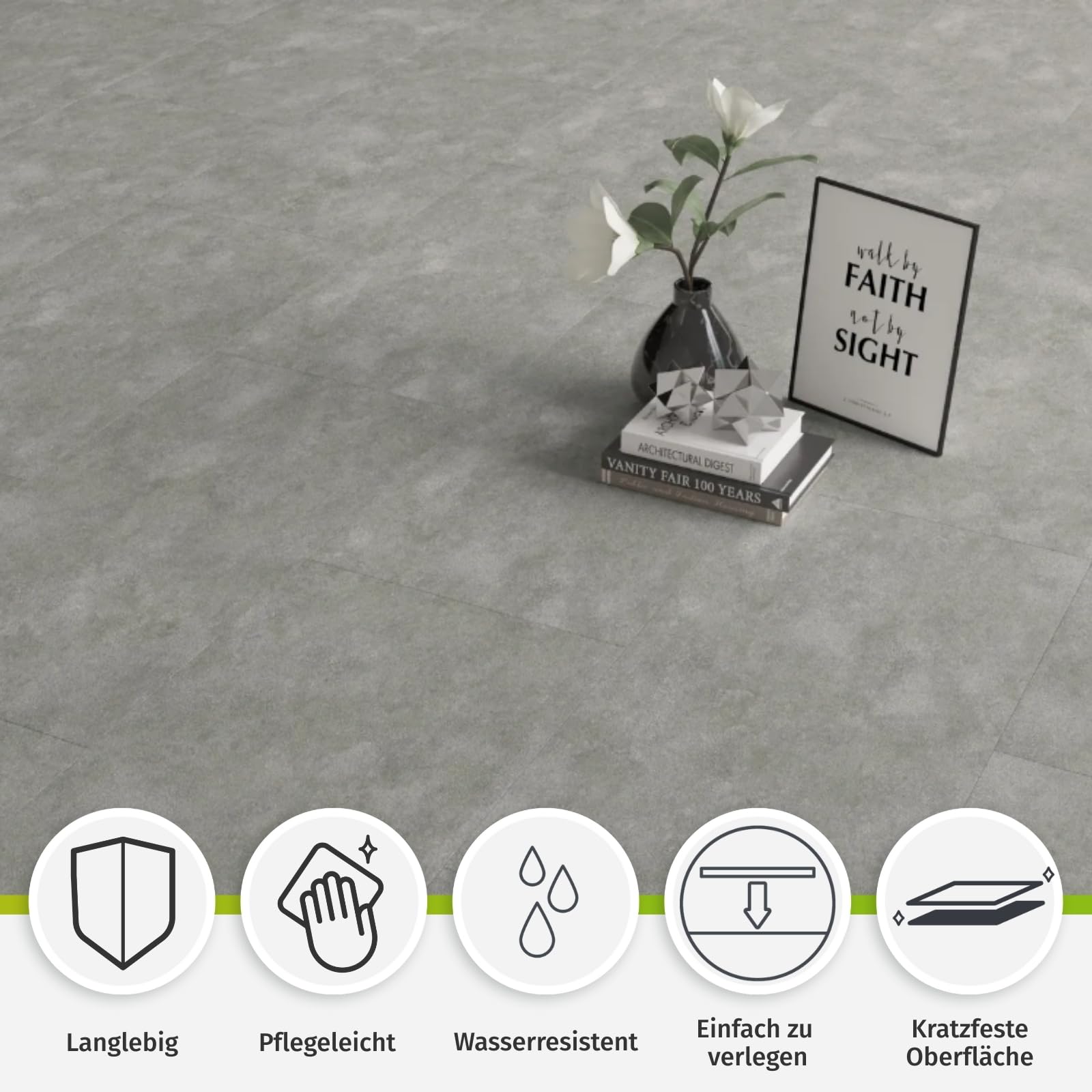 HORI Klick Hartvinylboden Rigid SPC Steinfliese Fliesenoptik - Klick-Vinyl mit Trittschalldämmung - schwimmende Verlegung - 91,5 x 47,4 x 0,6 cm - 1,736 m² - 4 Dielen