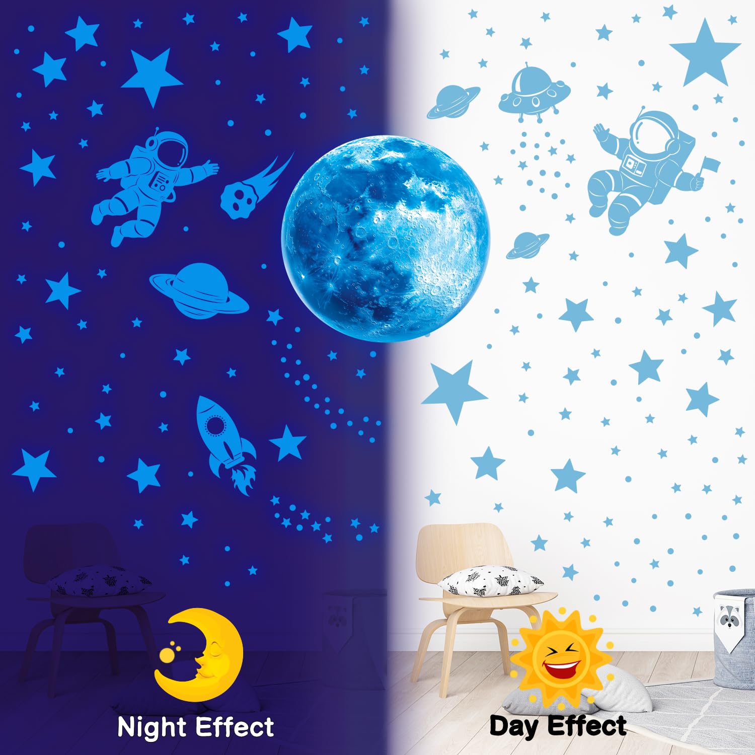 DECOWALL Adesivi Murali Glow In The Dark - Luna, Stelle, Astronauti E Pianeti, 2 Fogli, Per Camera Bambini, Sistema Solare, Fosforescenti