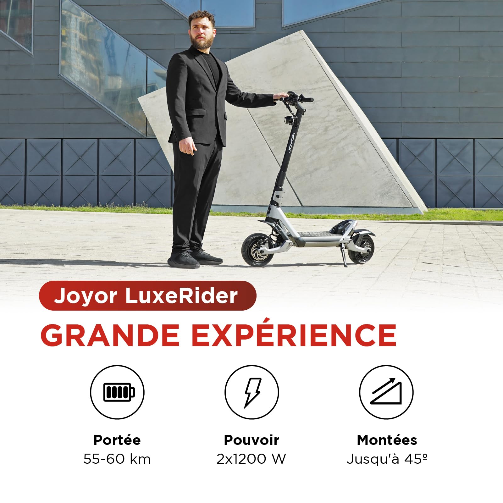 Joyor LuxeRider Trottinette électrique adulte, pliable, deux moteurs de 1200W, batterie de 52V 21AH, autonomie de 55-60km, roues pneumatiques de 25,4x8,9cm, charge maximale 150KG, double suspension