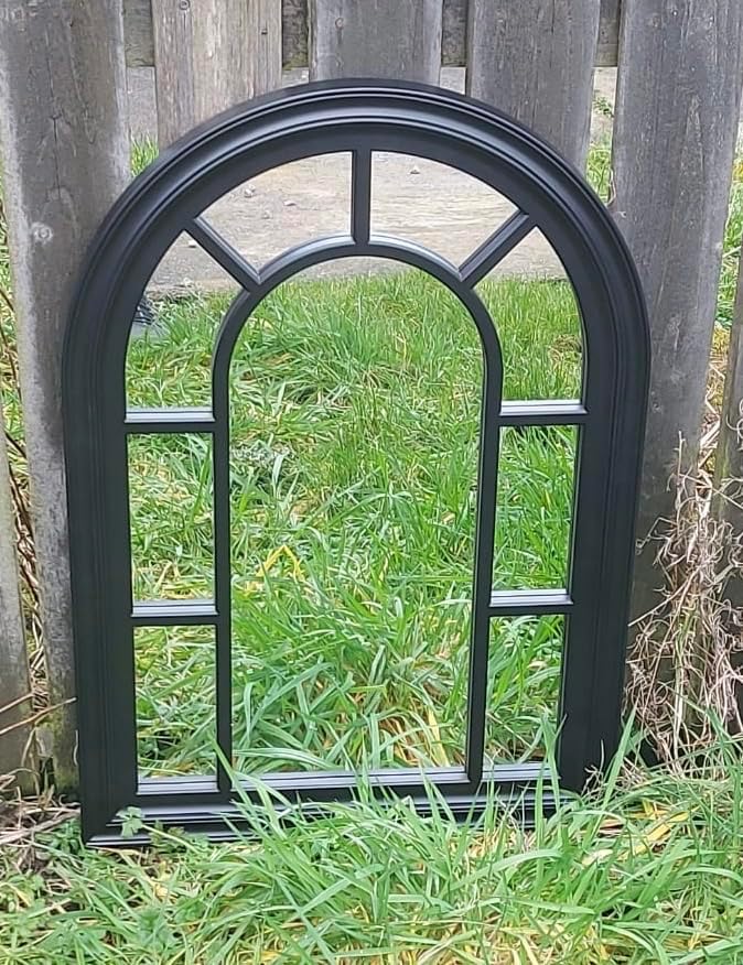 New Black Arch Shape Indoor/Outdoor Garden Home Mirror Lightweight Durable Frame, Any Weather Ornament Wall Mirror, Brushed Grey, 51cm x 71cm