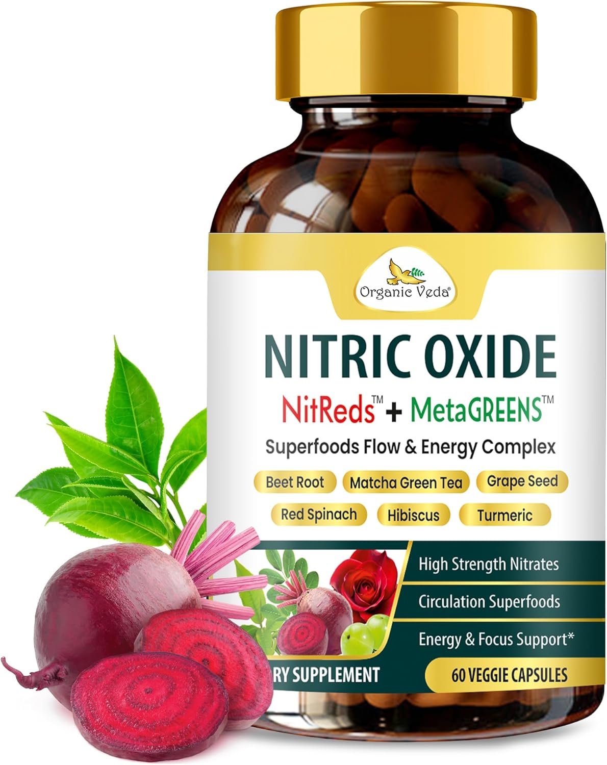 Organic Veda Nitric Oxide Booster NitReds Nitrates Complex - MetaGreens Energy, Heart & Circulation Supplement for Men & Women - Healthy Blood Flow Superfood, Beet Root, Red Spinach -60 Vegan Capsule