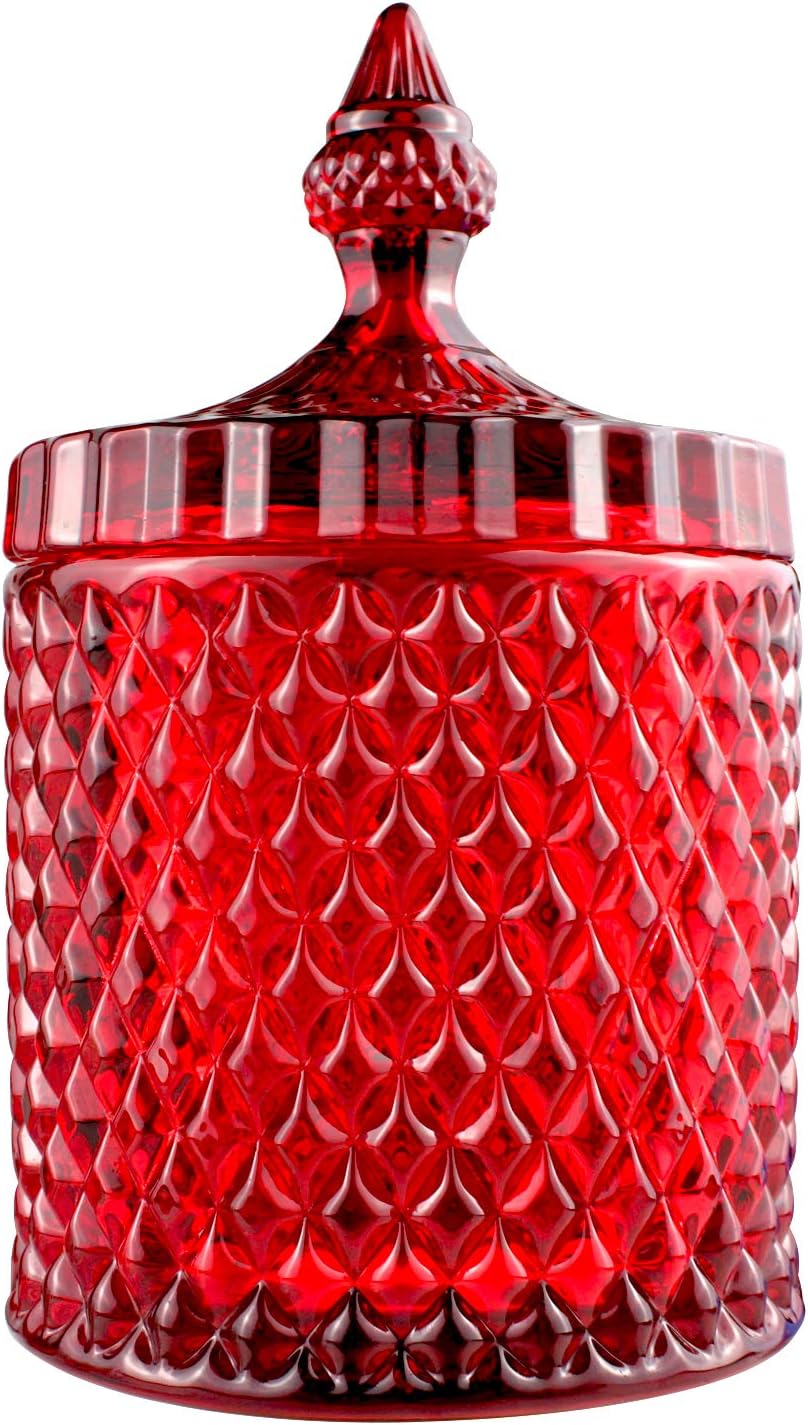 Candy Jar, Clear Glass Apothecary Container, Biscuit Barrel, Cookies Tin, Dry Food Storage Canister Crystal Weave Wedding Decorative Buffet Jars with Lid (Red, Large)