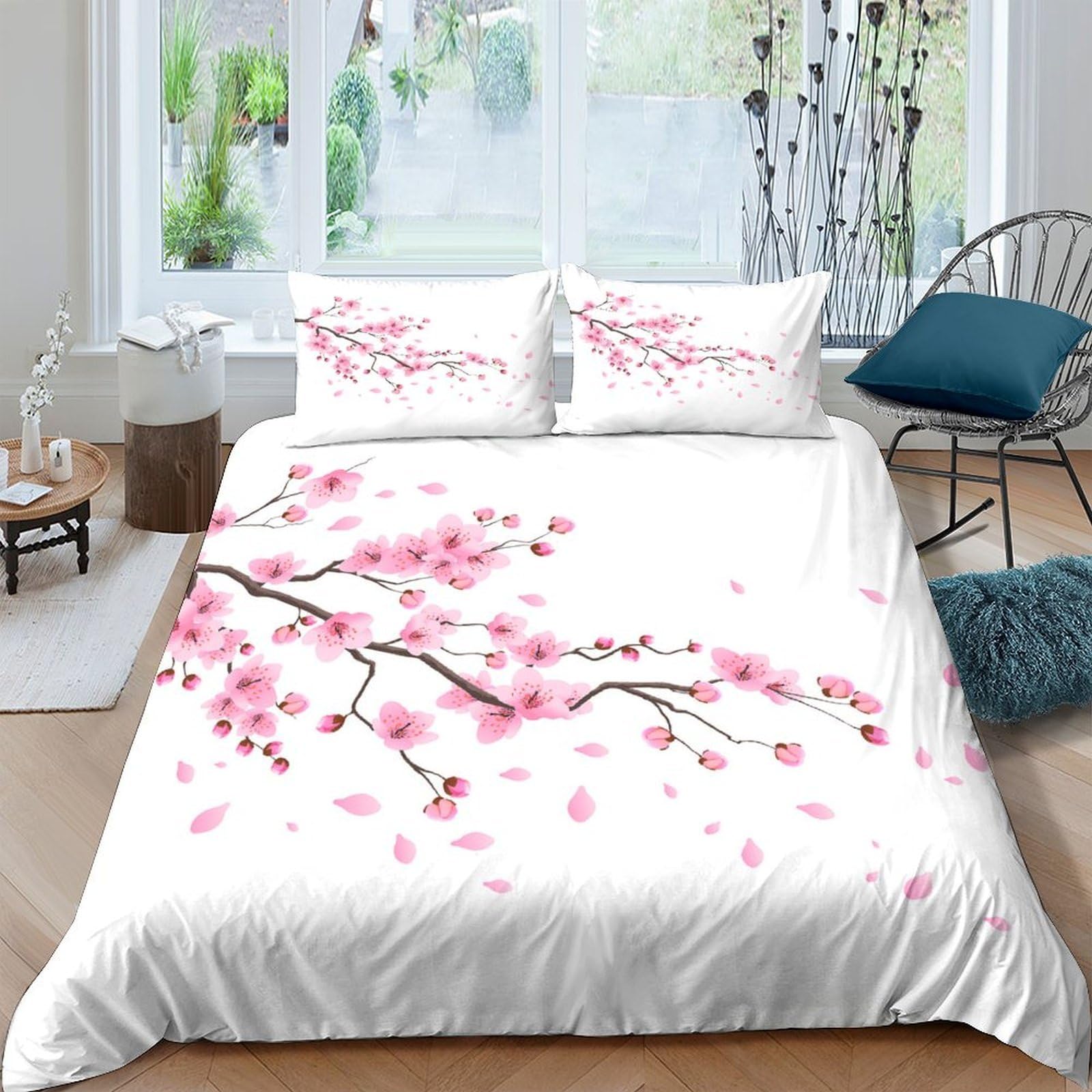 Ctjqhvkz Style-9 3D Printed Cherry Blossom Fitted Sheet Microfiber Soft White Pink Bed Cover For Bedroom Guest Room Decor Single（135X200cm）