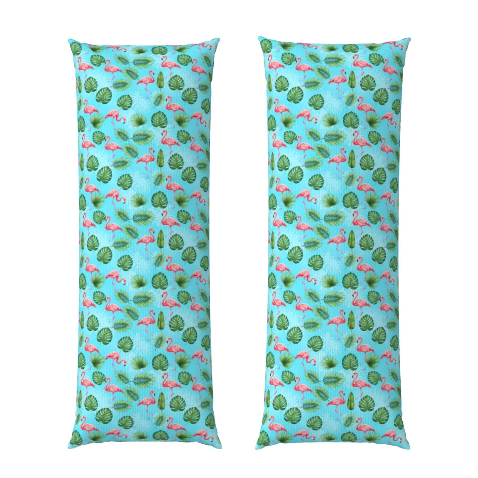Long Body Pillow Cover 20x60 Mint Green Palm Banana Leaves Lovely Exotic Bird Pink Flamingo, Premium Zippered Pillowcase, Ultra Soft Brushed Fabric, Breathable Protector for Couch Home Hotel