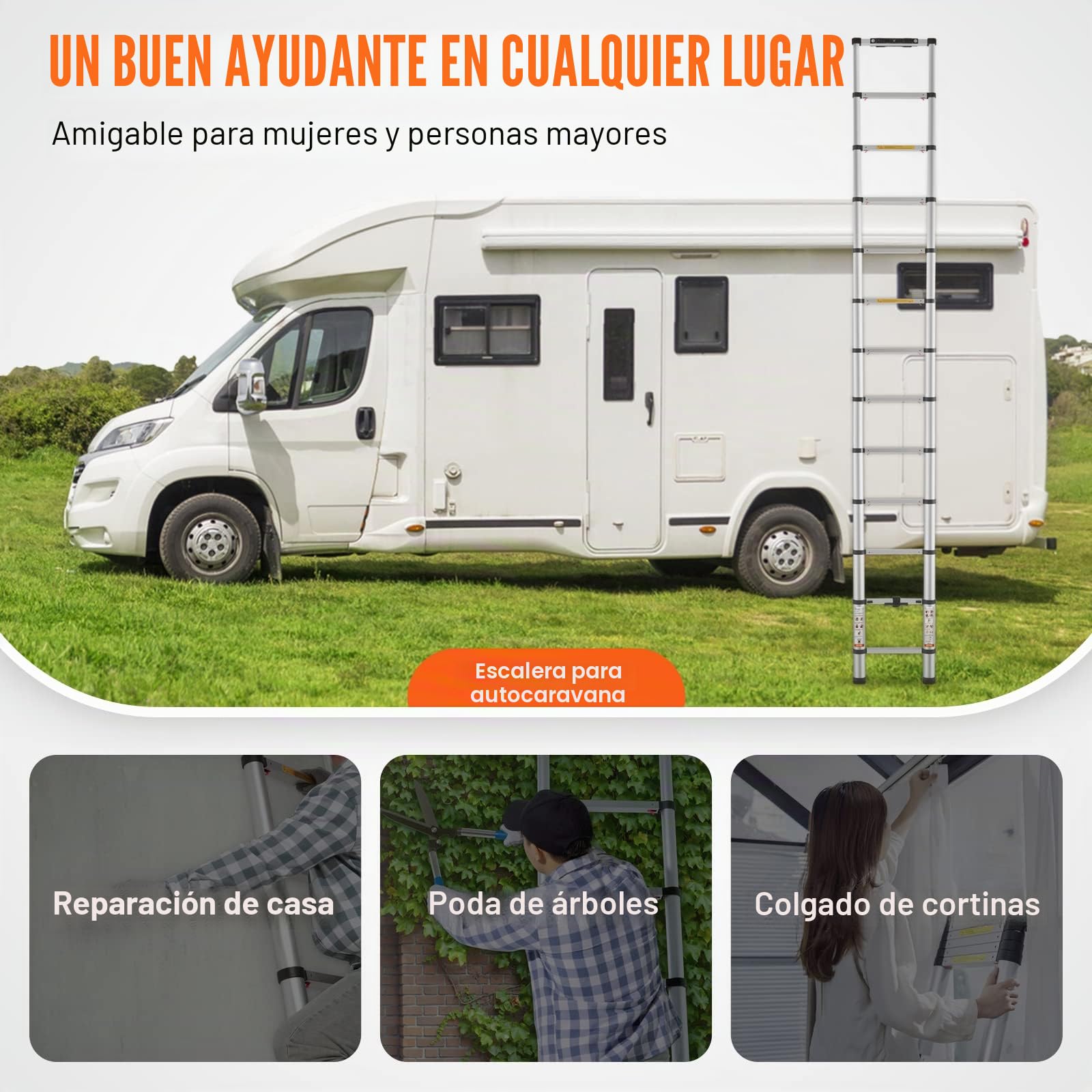 VEVOR Escalera Telescópica de Aluminio Altura de 380cm Escalera de Extensión Plegable Portátil Capacidad de 170kg con Pies Antideslizantes 1 Botón de Retracción para Reparaciones de Hogar Autocaravana
