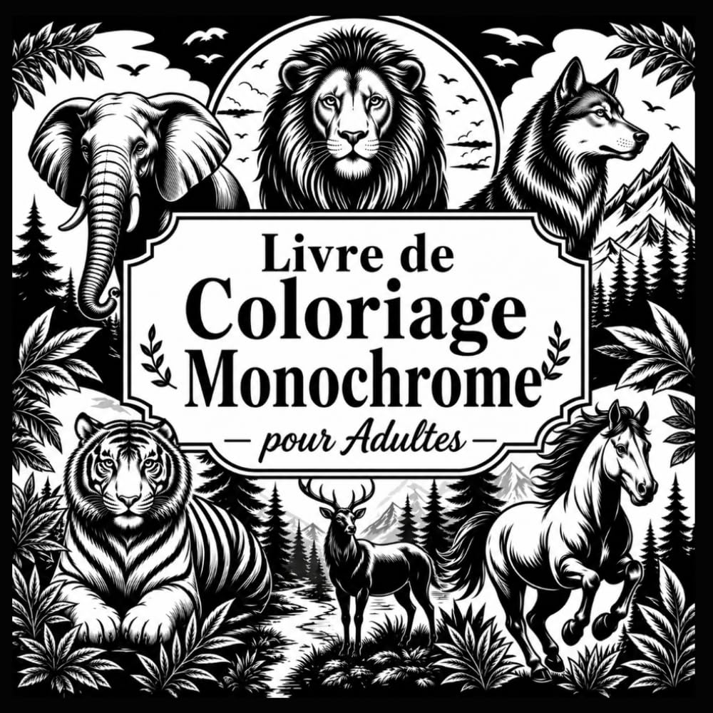 Livre de Coloriage Monochrome pour Adultes : coloriage monochrome animaux – 50 pages de coloriage .