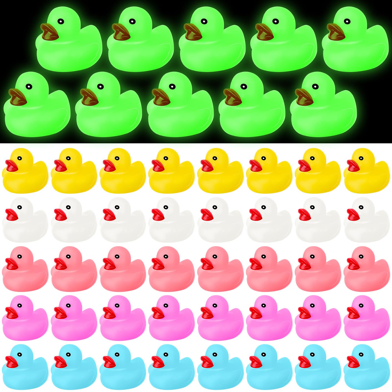 Chitidr 50 Pcs Glow in The Dark Rubber Ducks 2.2'' Luminous Mini Rubber Duck Fluorescent Tiny Light up Floating Squeaky Bathtub Toys for Baby Showers Summer Beach Pool Party Games (Colorful)