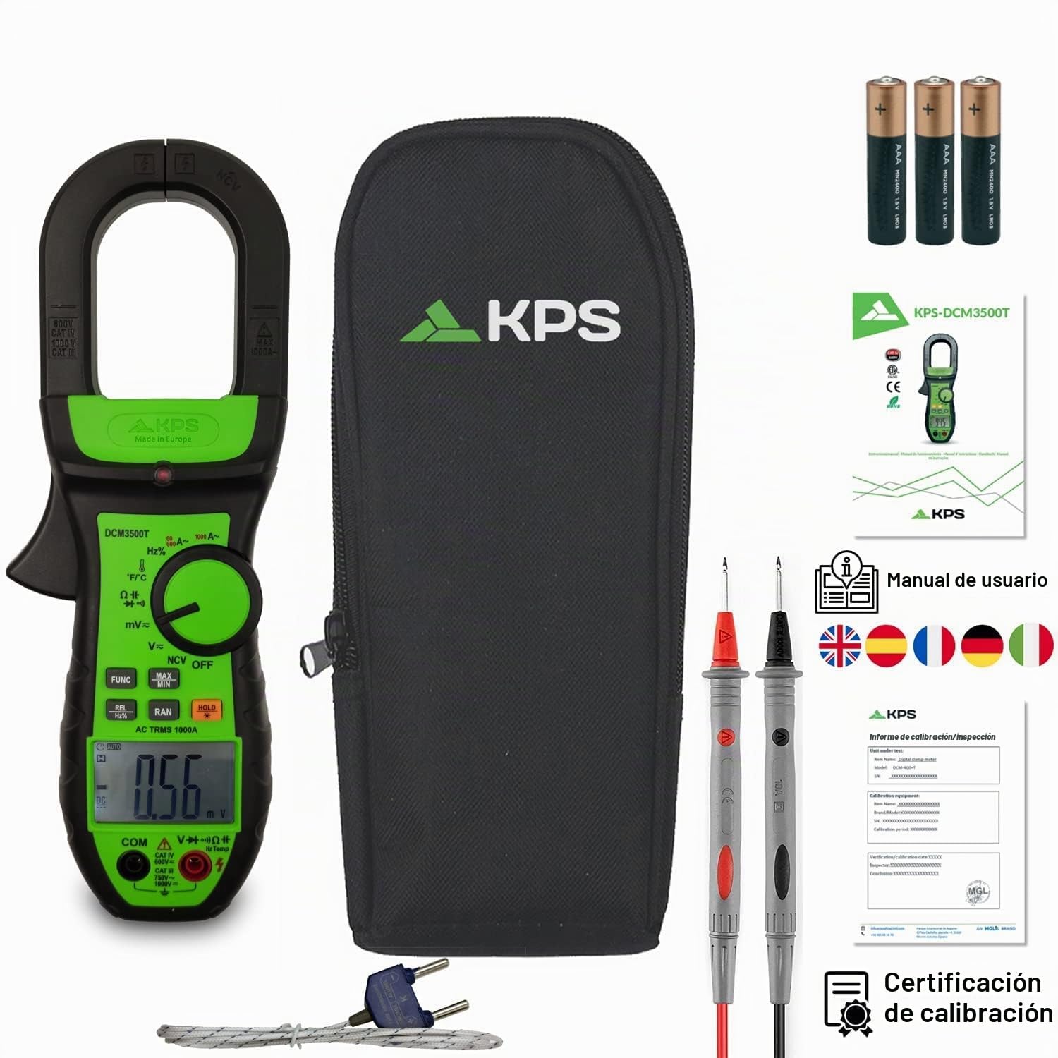 KPS-DCM3500T Pinza Amperimétrica Profesional Corriente AC TRMS 1000A Tension DC:1000V AC:750V Resistencia Frecuencia Hz/Duty/% Capacitancia y Temperatura 6000 Cuentas NCV CAT.IV