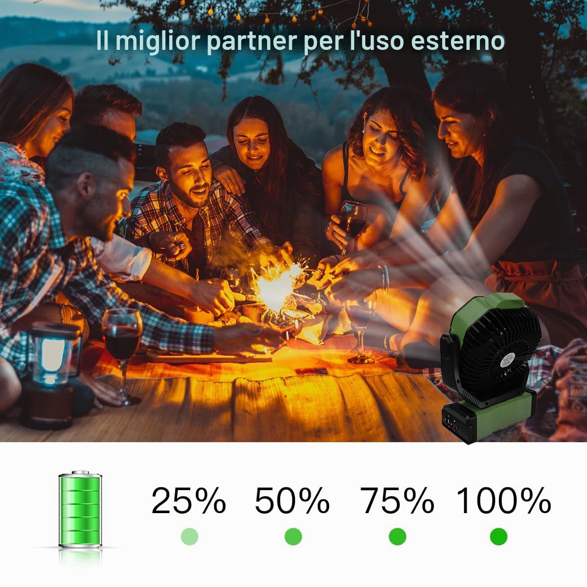 ELZO Ventilatore da campeggio da 20000 mAh con luce LED, ventilatore portatile ricaricabile da scrivania/tenda/USB con telecomando e gancio, rotazione della testa di 270°, velocità continua, con