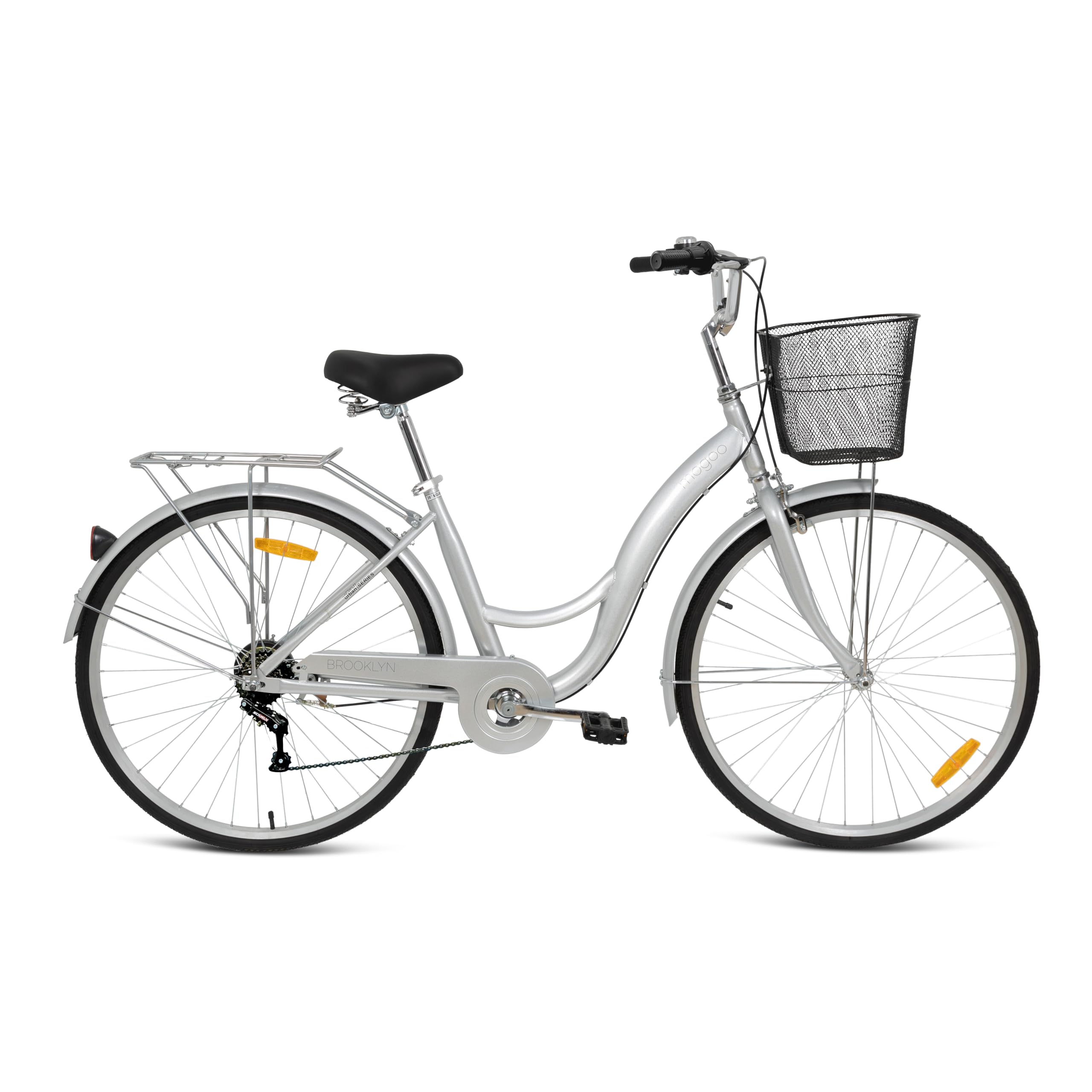 Mogoo Brooklyn 6 Speed Cruiser Bike, 26 Inch, City-Bike with Gears, Steel Frame, Road-Bike, Comfort Cycle, Unisex Bicycle Adult, Front Basket, Rear Carrier, Classic Commuter Bike