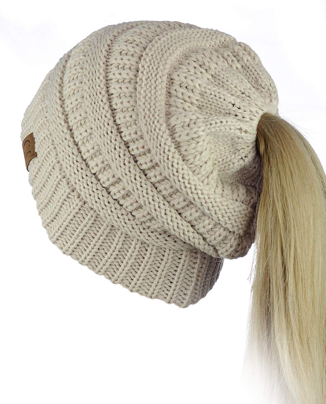 C.c Women's Beige Cc Beanietail Soft Stretch Cable Knit Messy High Bun Ponytail Beanie Hat,