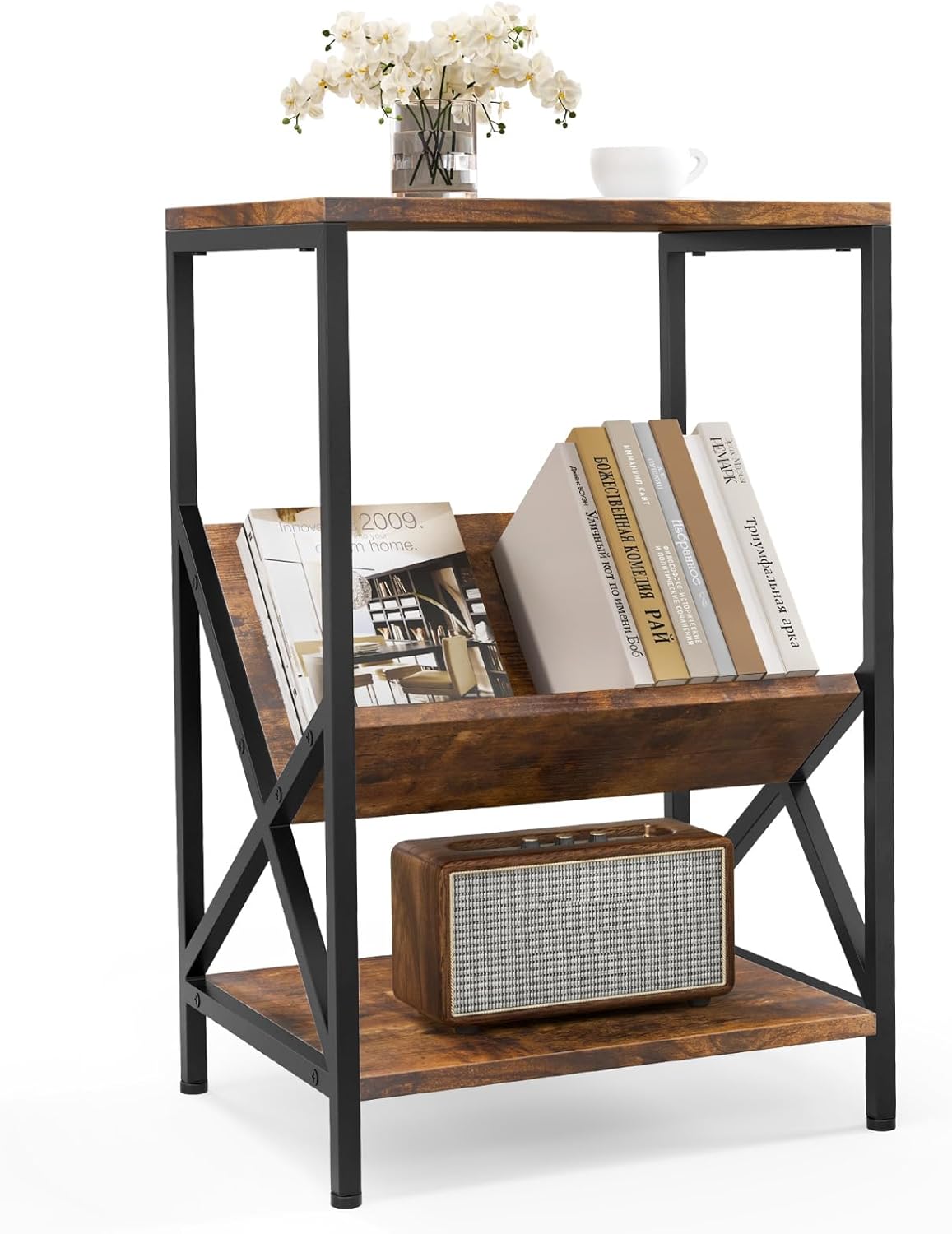 GOFLAME 3-Tier End Table, Industrial Sofa Side Table with 2 Storage Shelves and V-Shaped Magazine Holder, Small Nightstand, Bedside Table, Record Player Stand for Living Room, Bedroom