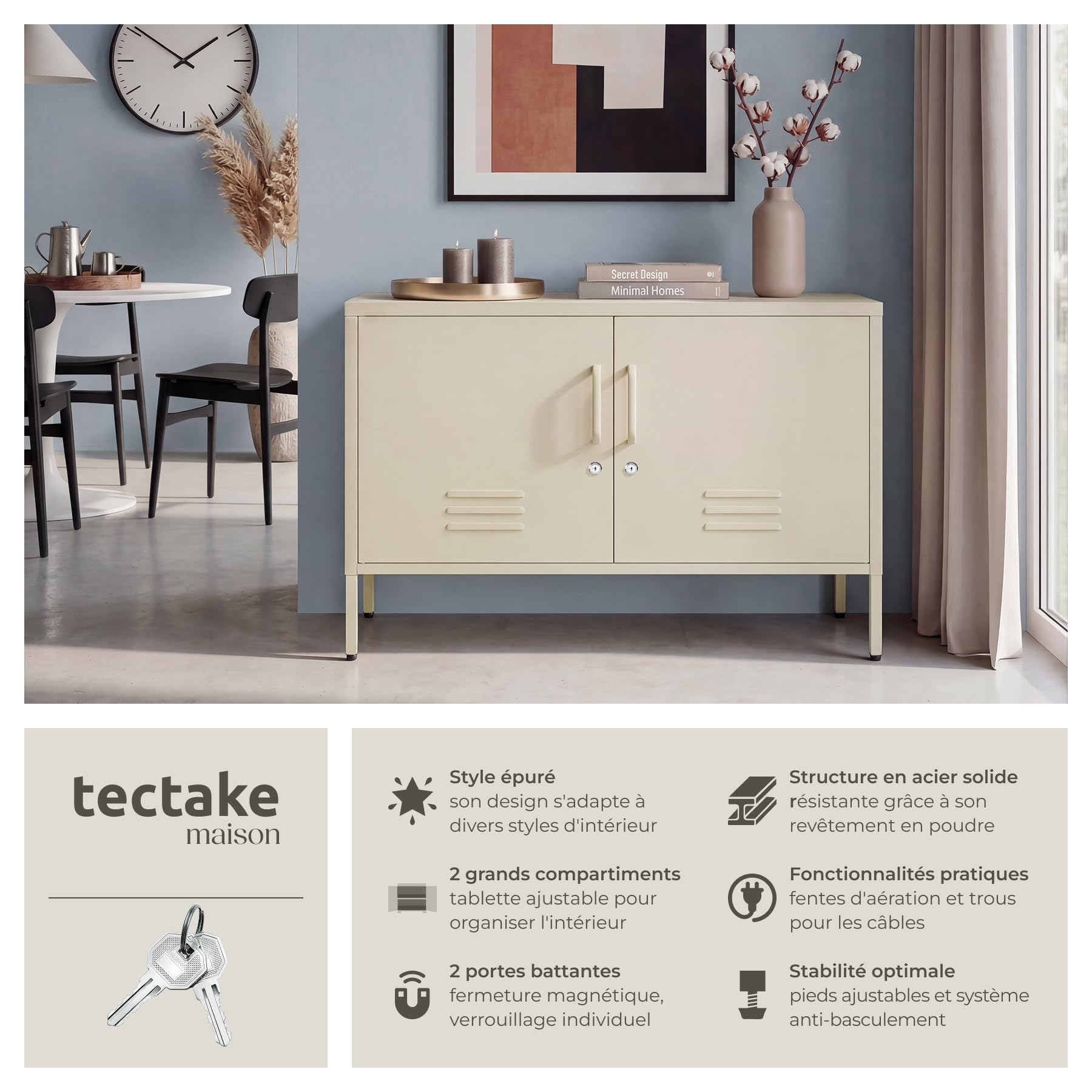 tectake® Buffet métallique 100x42,5x65 cm, Meuble de Rangement Style Industriel, 2 Portes à Fermeture magnétique et 2 Jeux de clés, Etageres Ajustables, Meuble TV, Buffet Salle a Manger Salon Bureau