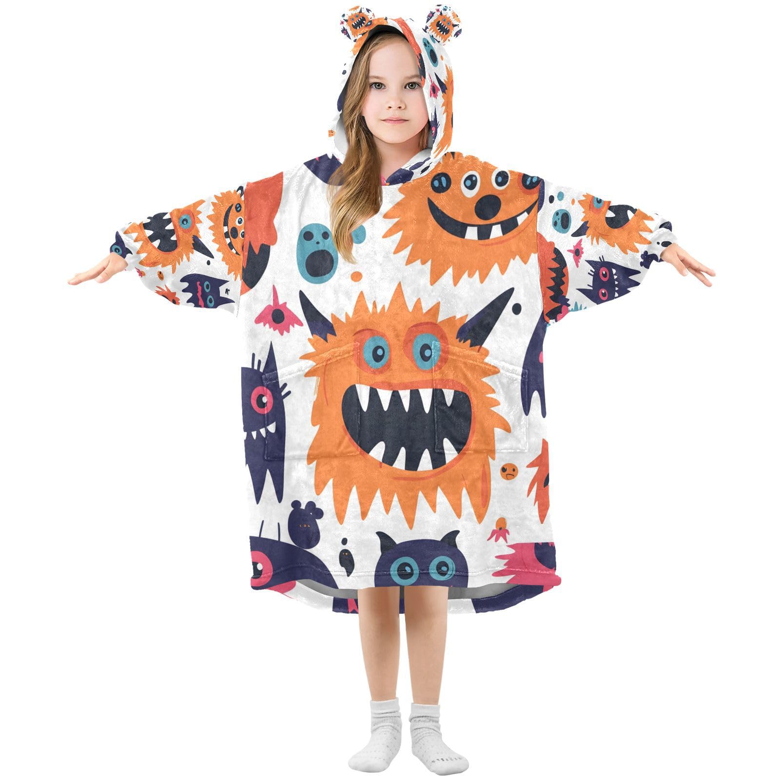 Hezely Wearable Blanket Hoodie for 3-14 Year Old,Comfort Oversized Flannel with Hood Pocket and Sleeves,Funny Monster
