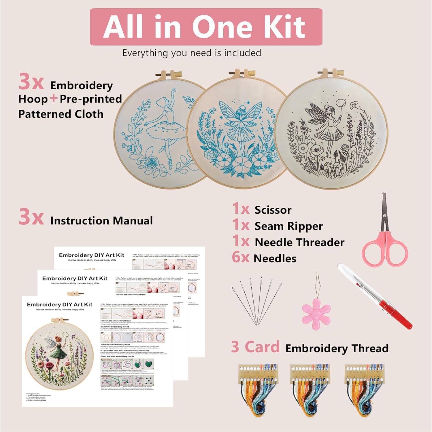 Embroidery Kit for Adults, Pre-Stamped Pattern Embroidery Kit for Beginners, DIY Hand Needlepoint Starter Kit with Hoop Thread Needle Instruction, 7.87'' Hoop (Flower Fairy 3 Packs)
