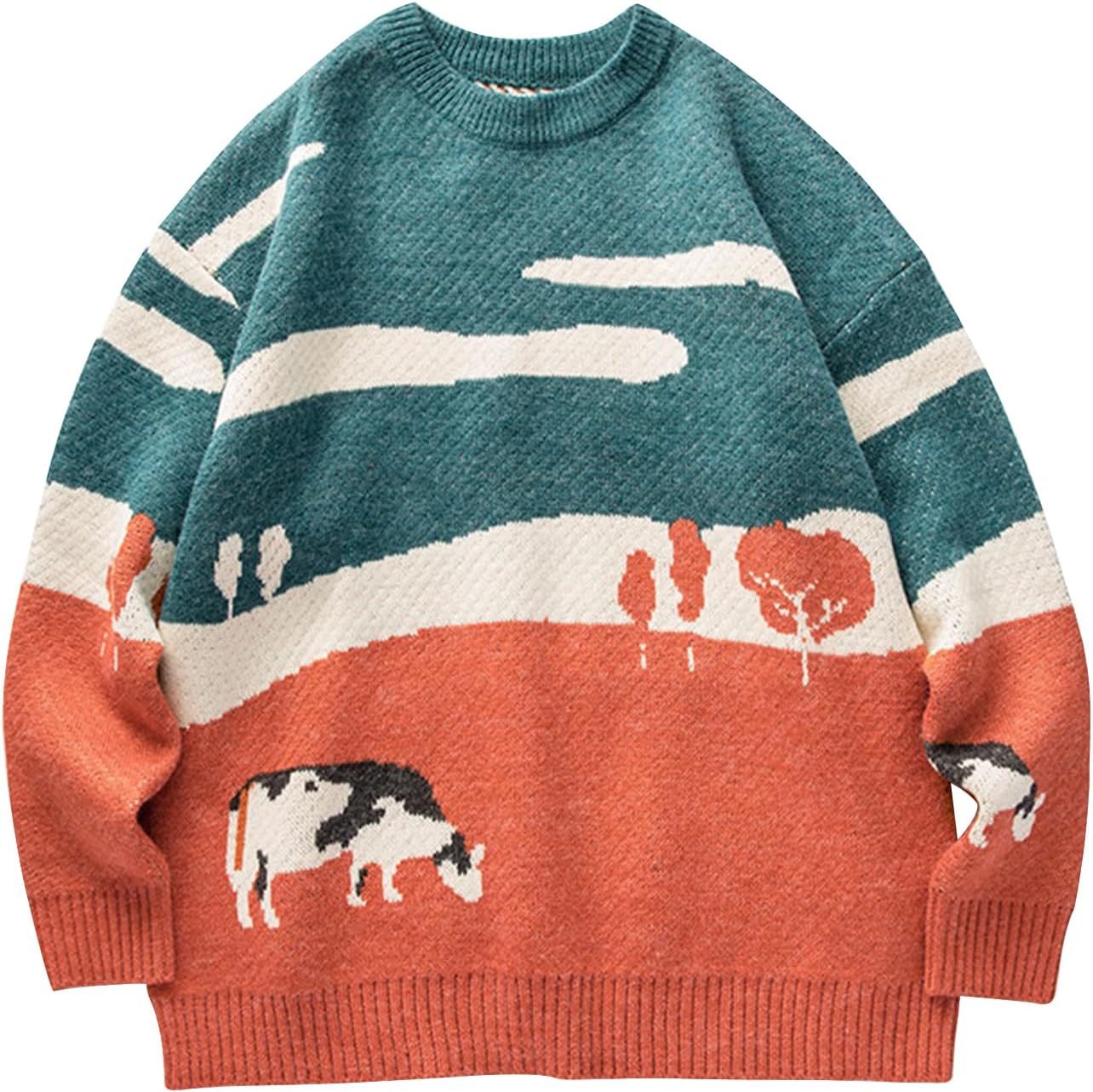 Kissonic Mens Vintage Oversized Sweater Cow Long Sleeve Crew Neck Knitted Grassland Pullover Jumper Unisex Tops